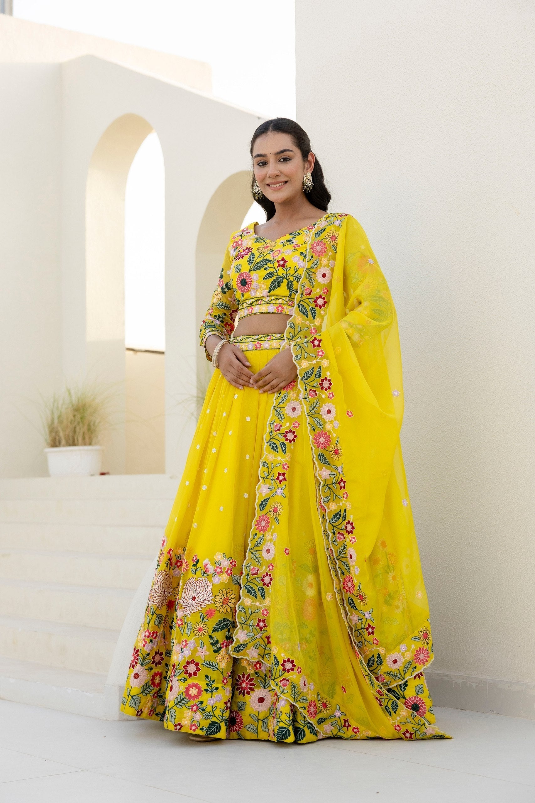 Yellow Elegant Organza Embroidered Lehenga Set with Sequins Work & Dupatta