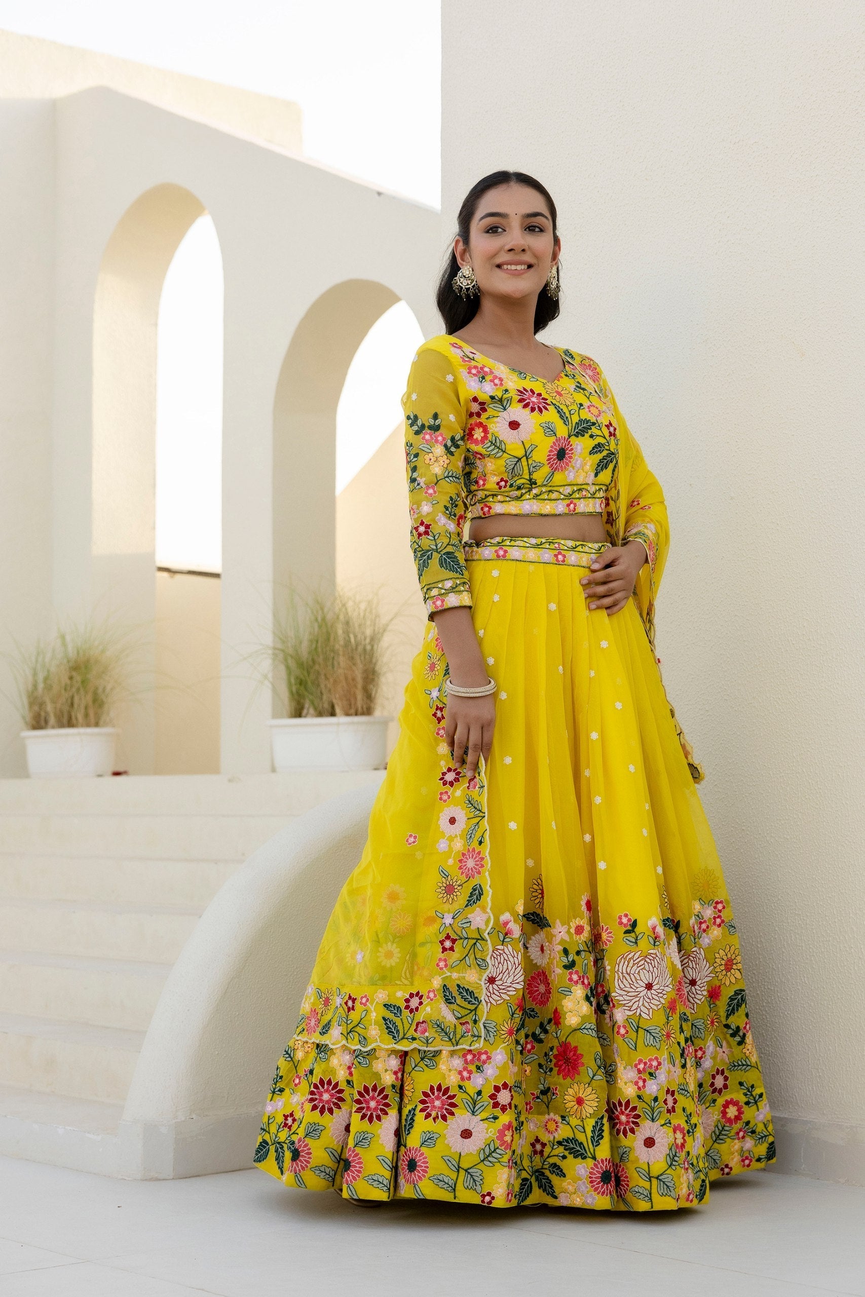 Yellow Elegant Organza Embroidered Lehenga Set with Sequins Work & Dupatta