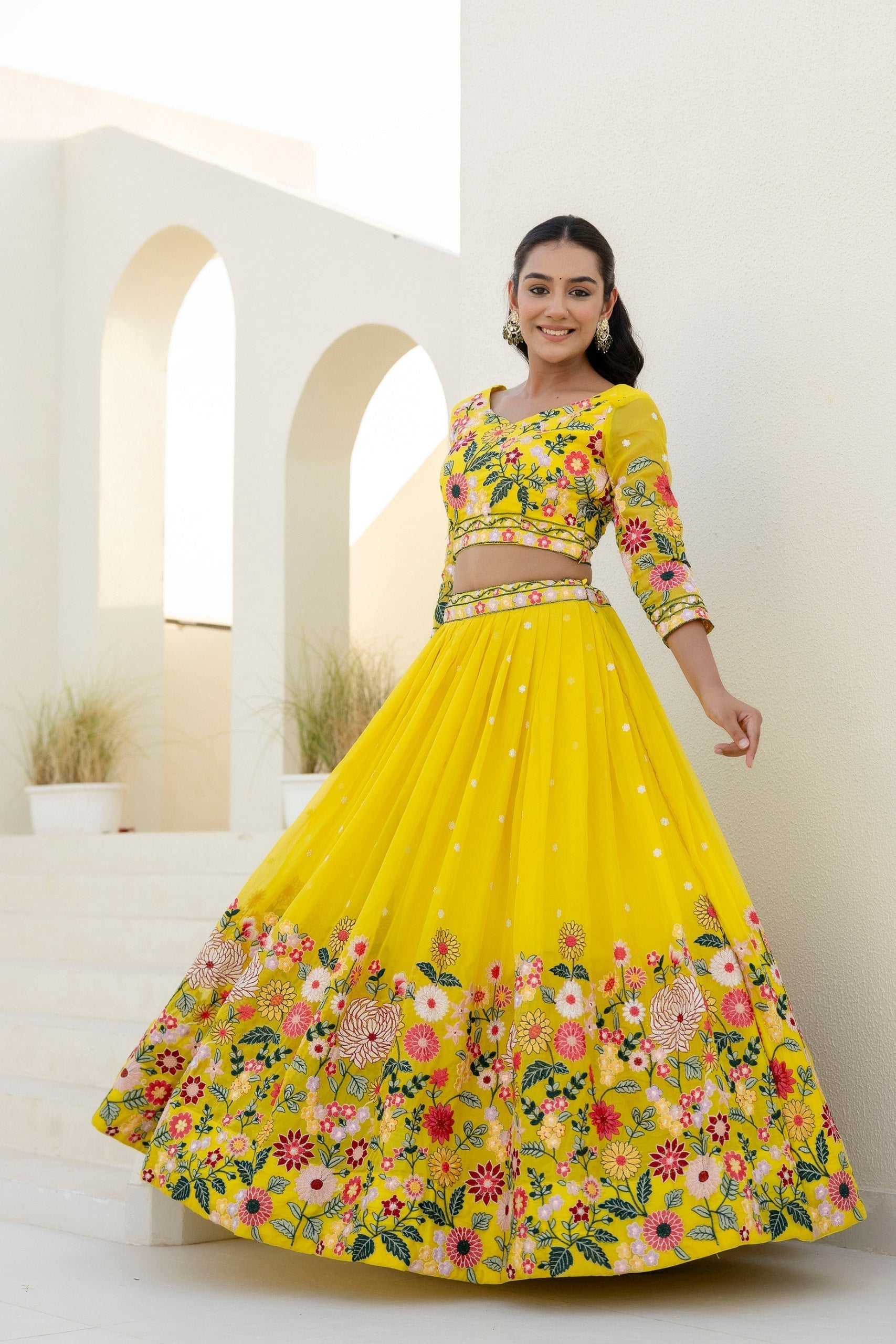Yellow Elegant Organza Embroidered Lehenga Set with Sequins Work & Dupatta