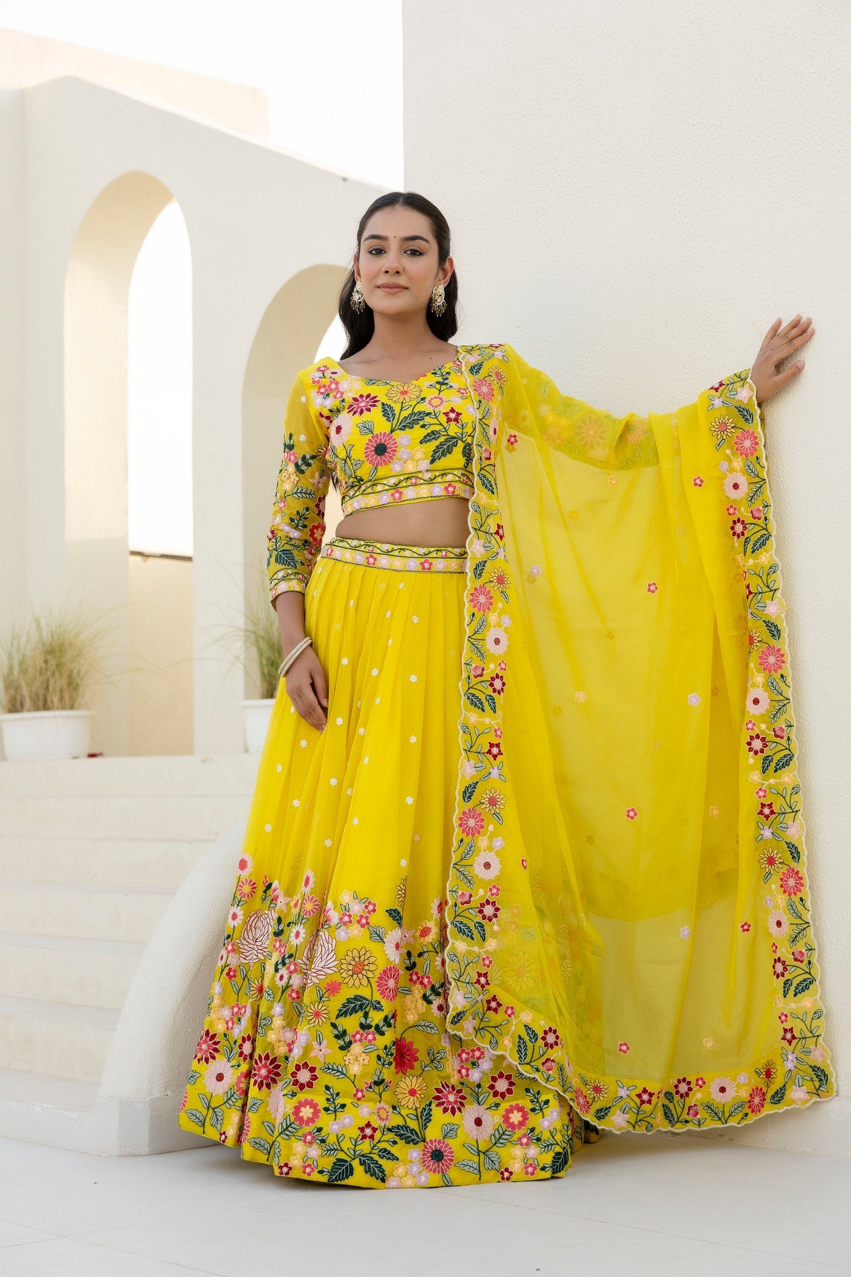 Yellow Elegant Organza Embroidered Lehenga Set with Sequins Work & Dupatta