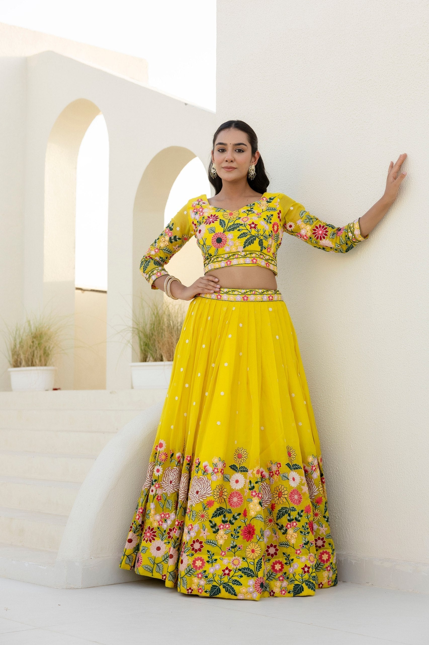 Yellow Elegant Organza Embroidered Lehenga Set with Sequins Work & Dupatta