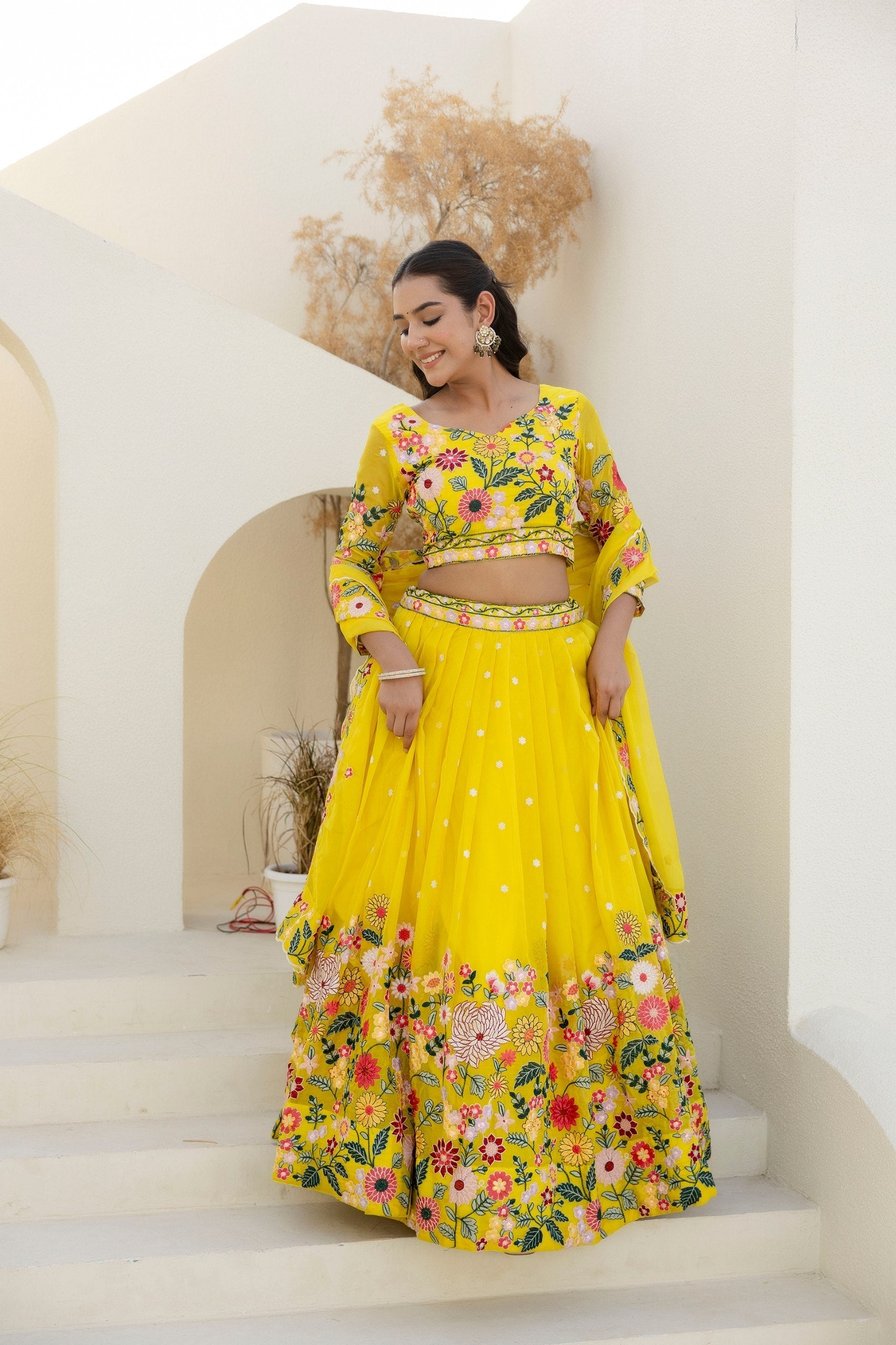 Yellow Elegant Organza Embroidered Lehenga Set with Sequins Work & Dupatta