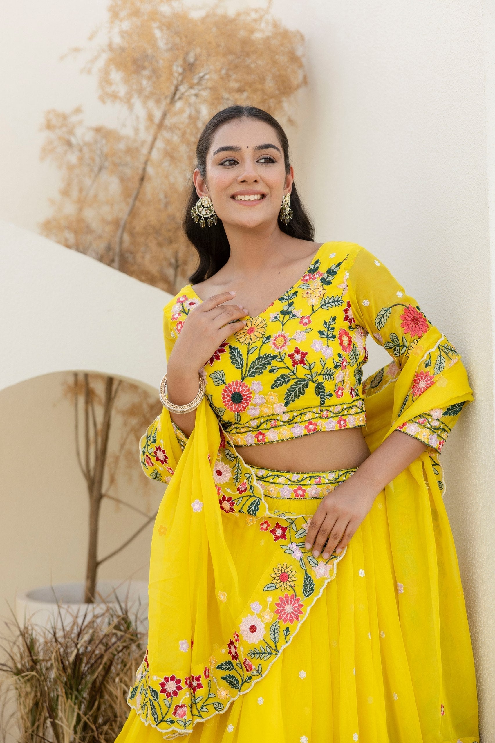 Yellow Elegant Organza Embroidered Lehenga Set with Sequins Work & Dupatta