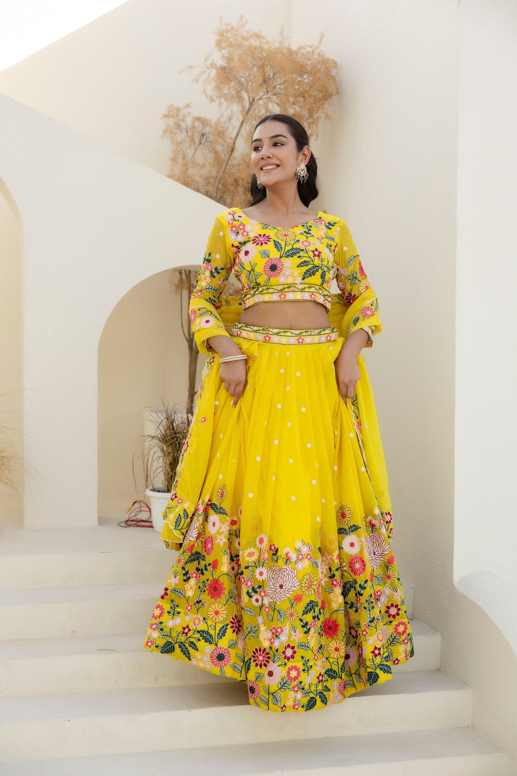 Yellow Elegant Organza Embroidered Lehenga Set with Sequins Work & Dupatta