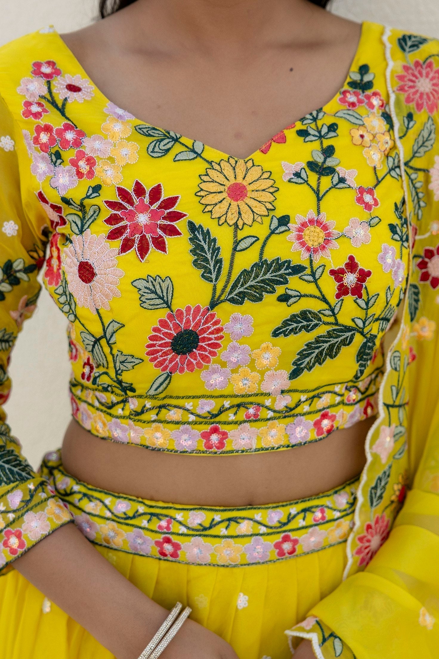 Yellow Elegant Organza Embroidered Lehenga Set with Sequins Work & Dupatta