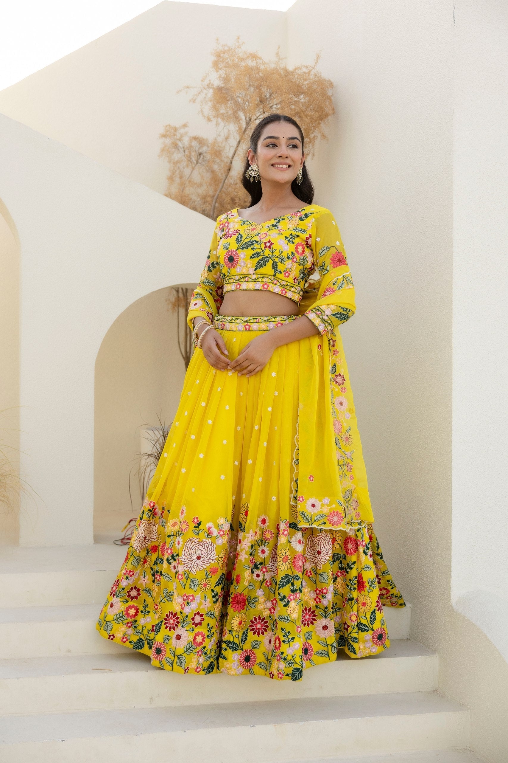 Yellow Elegant Organza Embroidered Lehenga Set with Sequins Work & Dupatta