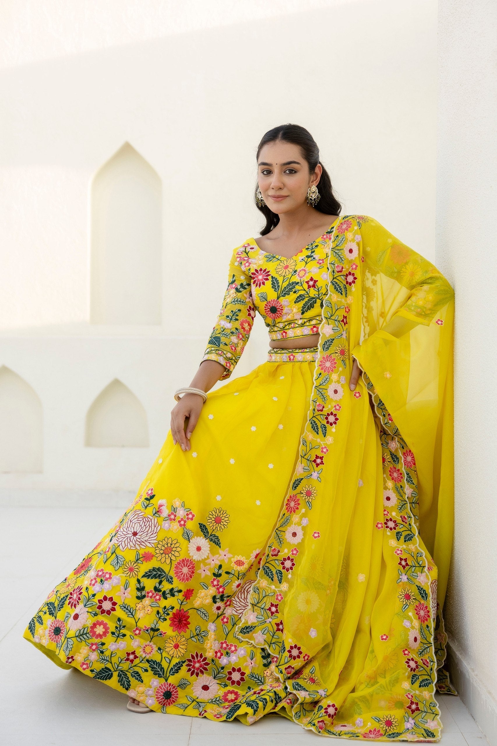 Yellow Elegant Organza Embroidered Lehenga Set with Sequins Work & Dupatta