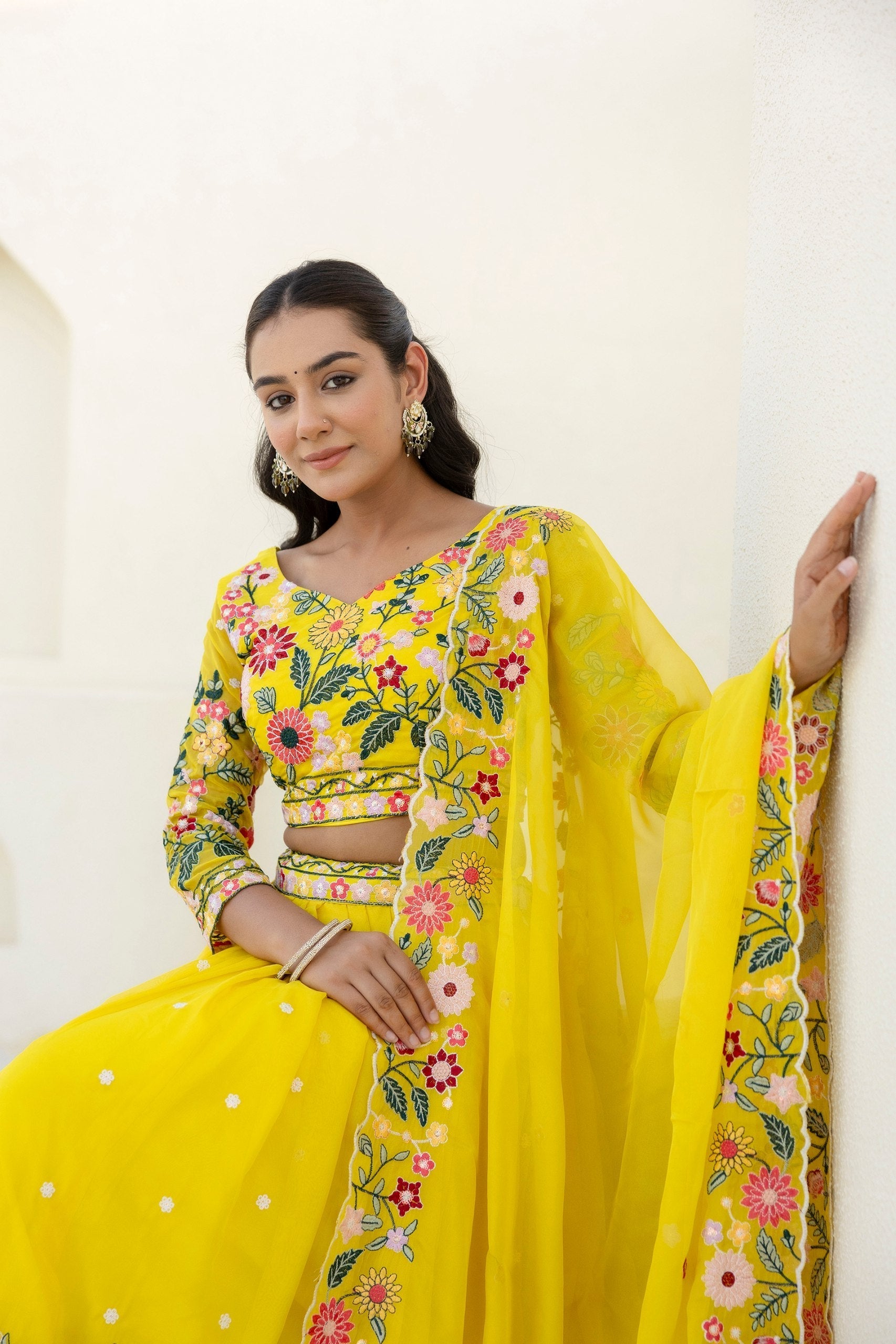 Yellow Elegant Organza Embroidered Lehenga Set with Sequins Work & Dupatta