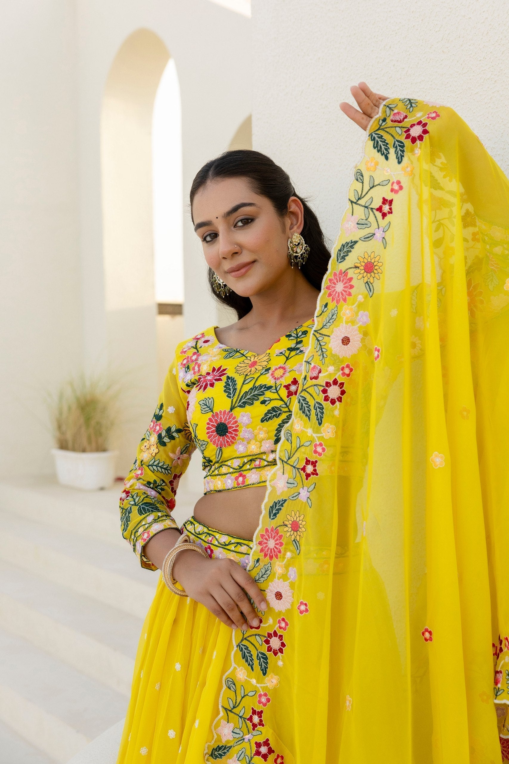 Yellow Elegant Organza Embroidered Lehenga Set with Sequins Work & Dupatta
