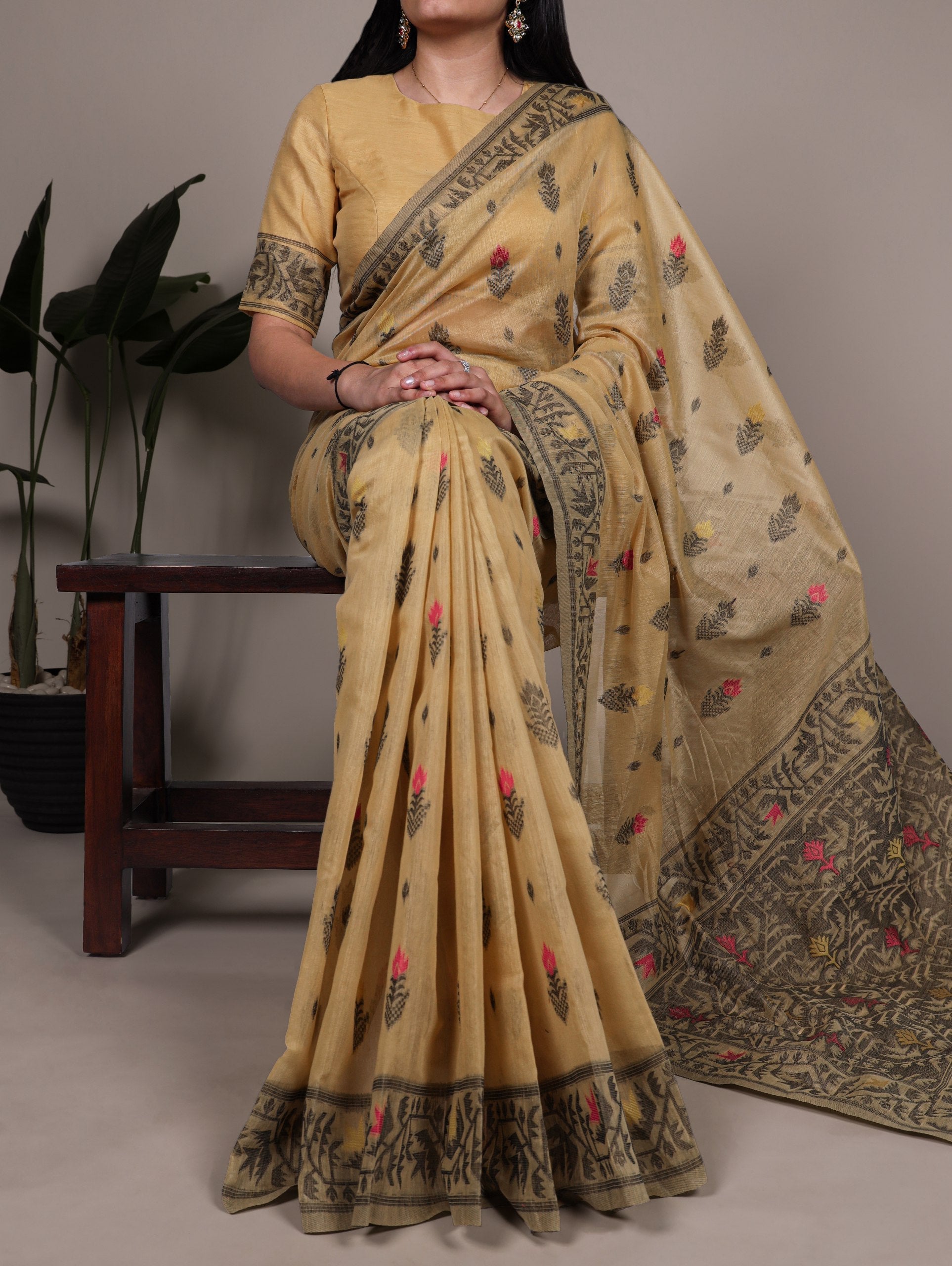 Yellow Elegant Poly Cotton Thread-Weaving Saree with Matching Unstitched Blouse – Lightweight Traditional Daily & Festive Wear