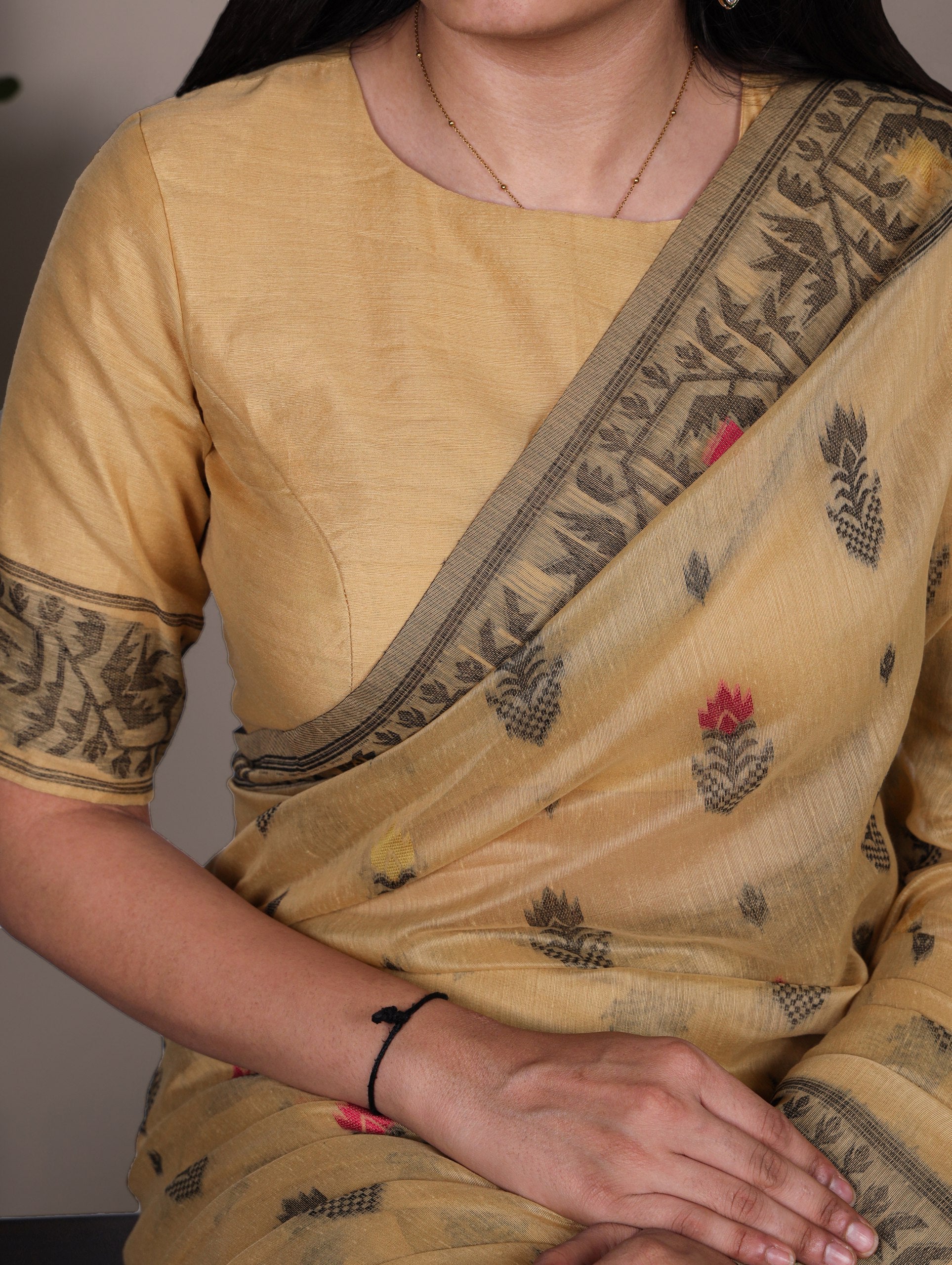 Yellow Elegant Poly Cotton Thread-Weaving Saree with Matching Unstitched Blouse – Lightweight Traditional Daily & Festive Wear