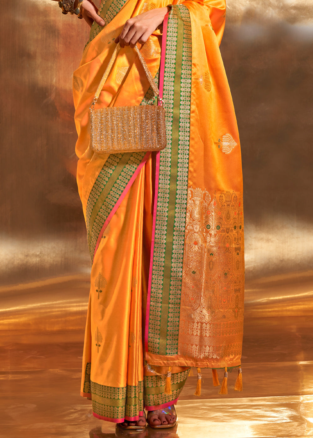 Yellow Elegant Satin Silk Saree – Luxurious Drape for Every Occasion