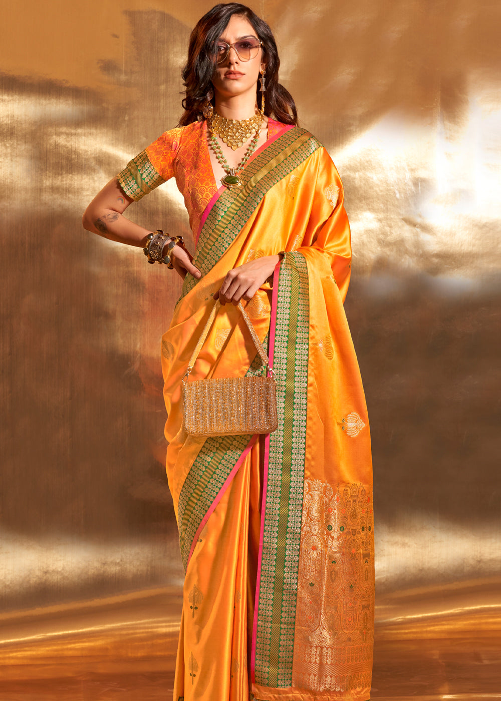 Yellow Elegant Satin Silk Saree – Luxurious Drape for Every Occasion