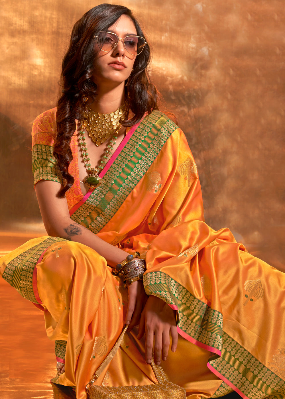 Yellow Elegant Satin Silk Saree – Luxurious Drape for Every Occasion