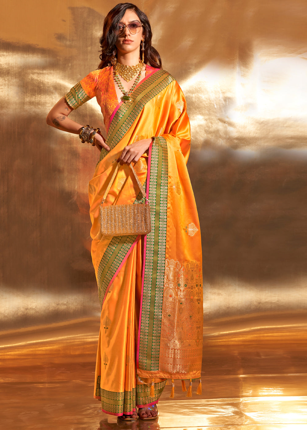 Yellow Elegant Satin Silk Saree – Luxurious Drape for Every Occasion