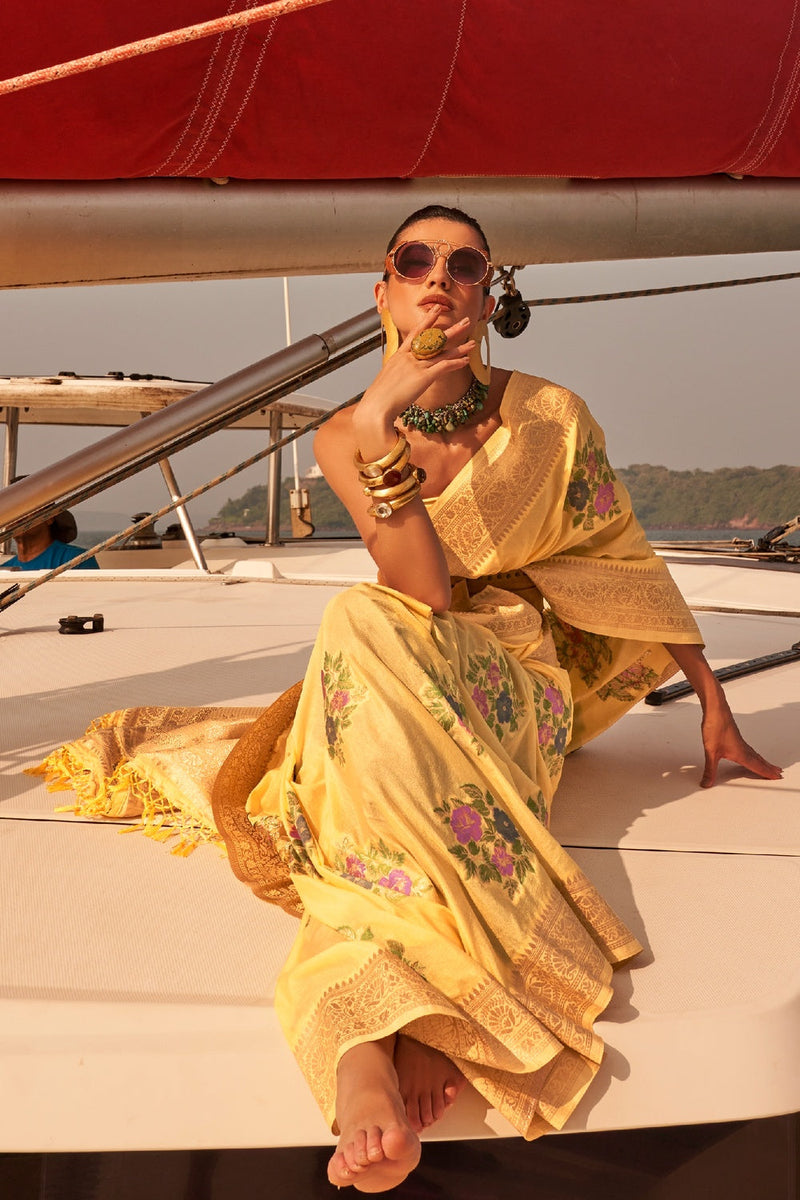 Yellow Elegant Silk Blend Mysore Saree with Tassel Detailing