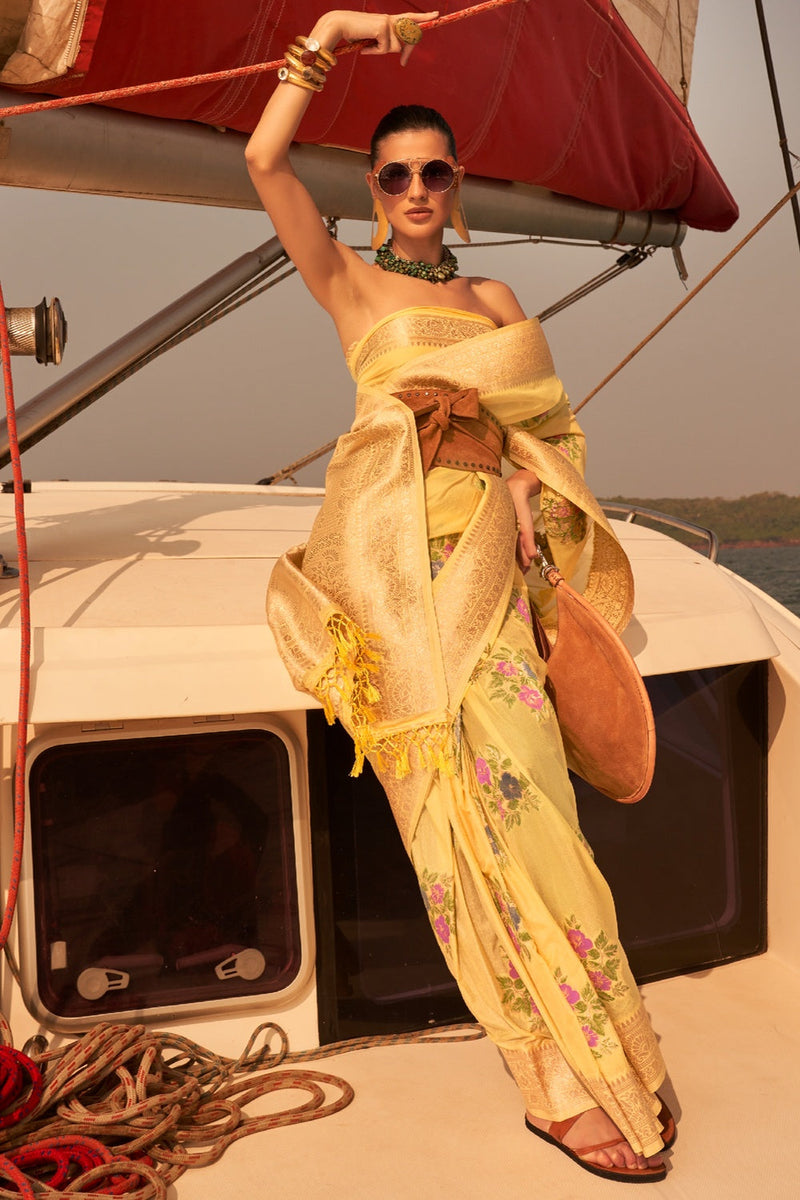 Yellow Elegant Silk Blend Mysore Saree with Tassel Detailing