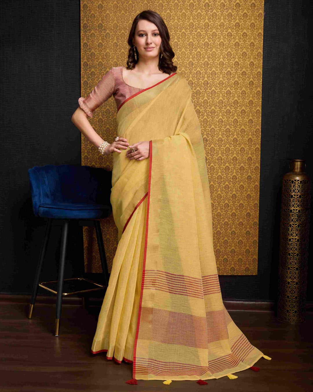 Yellow Elegant Solid Saree with Zari Border – Timeless Grace