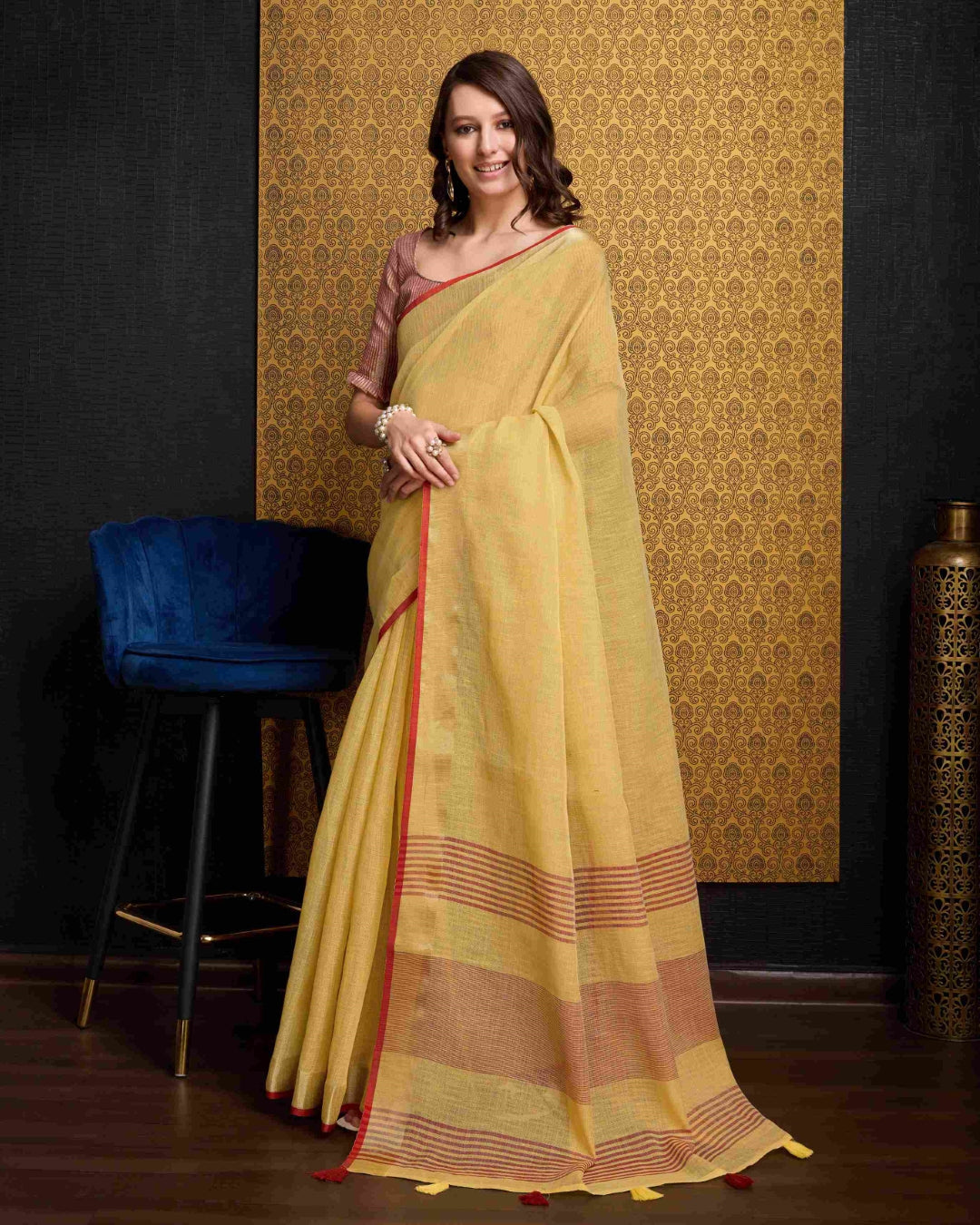 Yellow Elegant Solid Saree with Zari Border – Timeless Grace