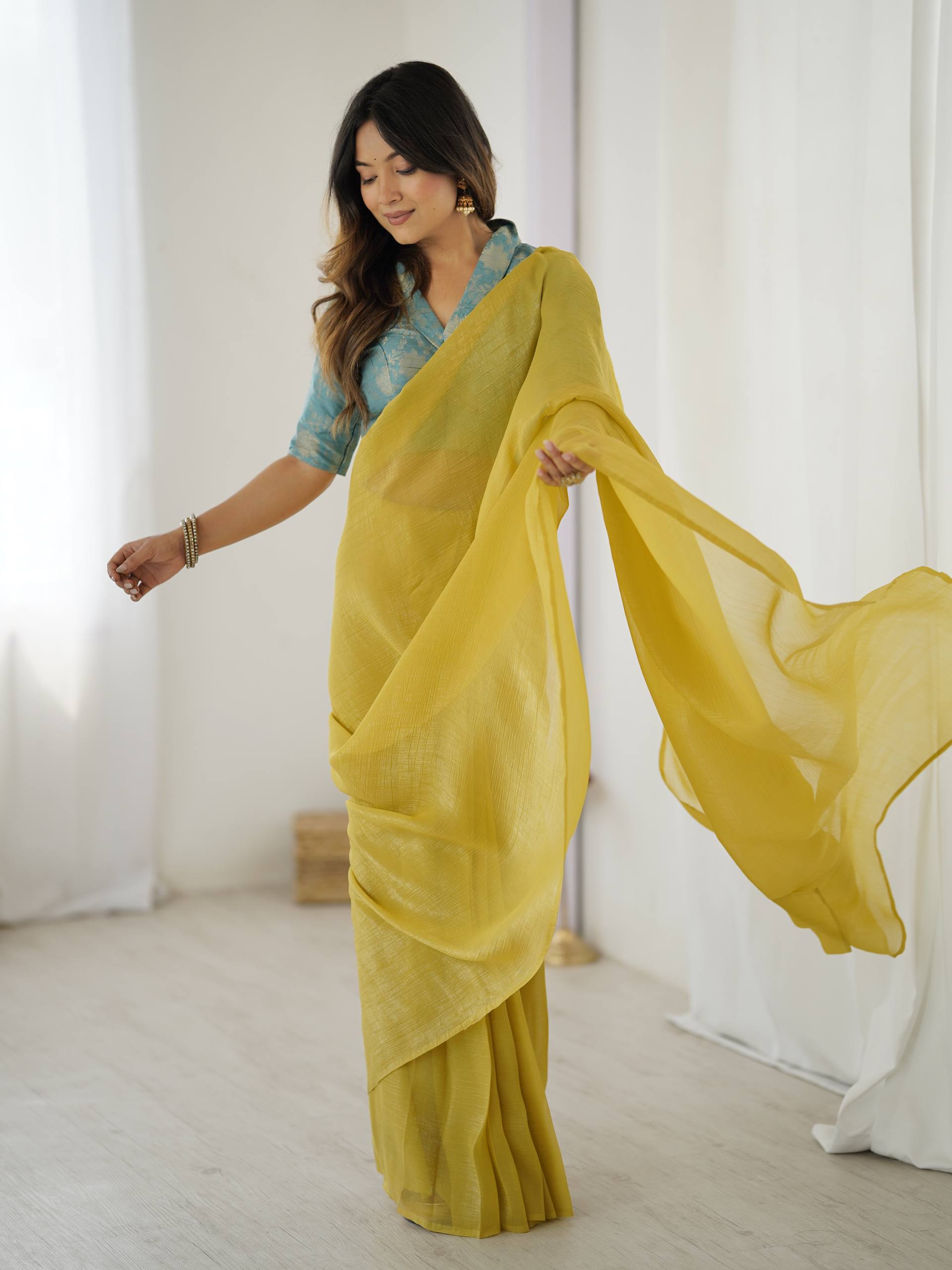 Yellow Elegant Sparkle Silk Ready-to-Wear Saree with Heavy Banarasi Silk Blouse – Stitched Ensemble with Adjustable Hooks