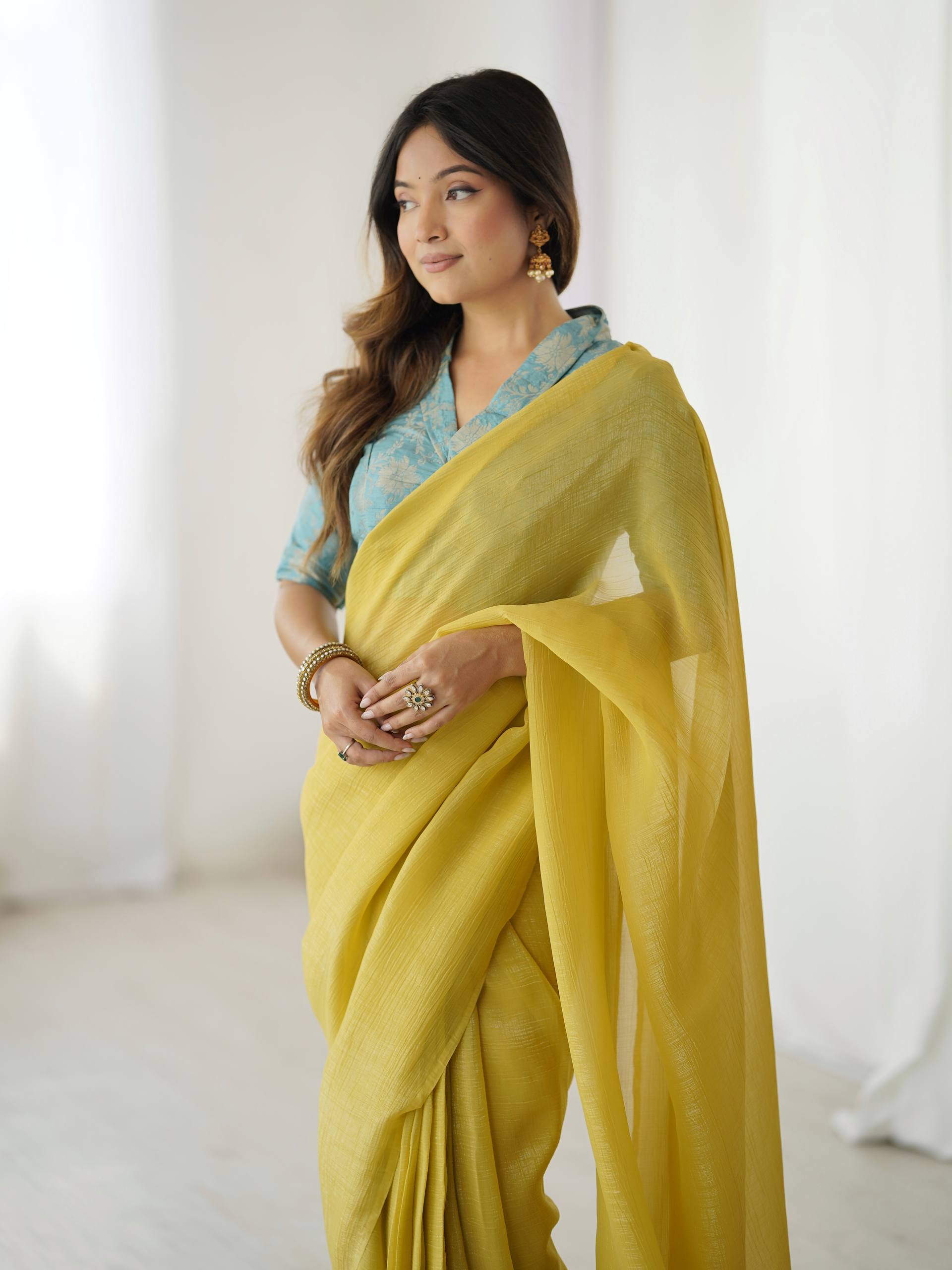 Yellow Elegant Sparkle Silk Ready-to-Wear Saree with Heavy Banarasi Silk Blouse – Stitched Ensemble with Adjustable Hooks
