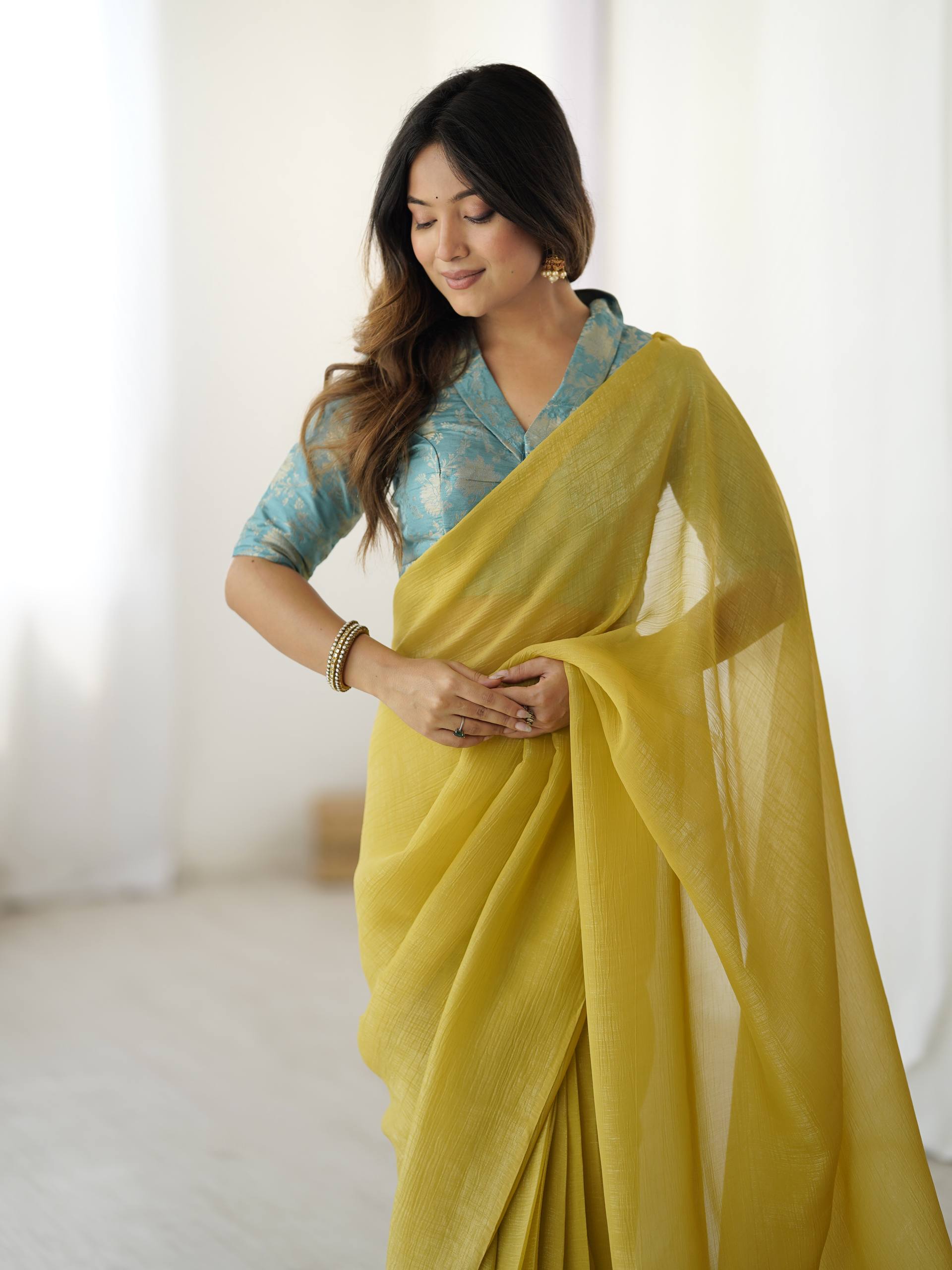 Yellow Elegant Sparkle Silk Ready-to-Wear Saree with Heavy Banarasi Silk Blouse – Stitched Ensemble with Adjustable Hooks