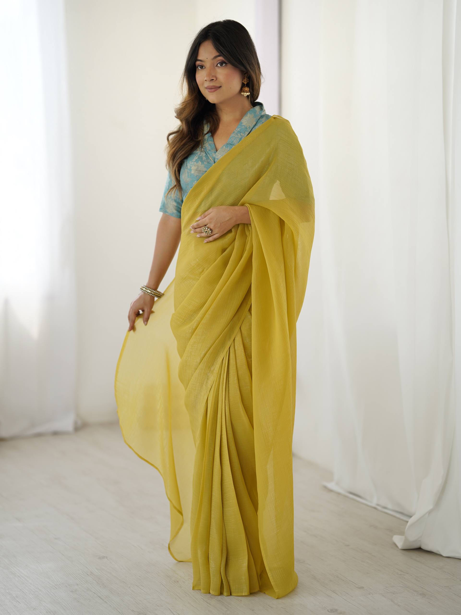 Yellow Elegant Sparkle Silk Ready-to-Wear Saree with Heavy Banarasi Silk Blouse – Stitched Ensemble with Adjustable Hooks
