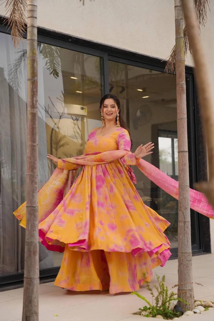 Yellow Elegant Vichitra Silk Set with Digital Print & Embroidery  Ready-to-Wear Top, Plazzo & Dupatta