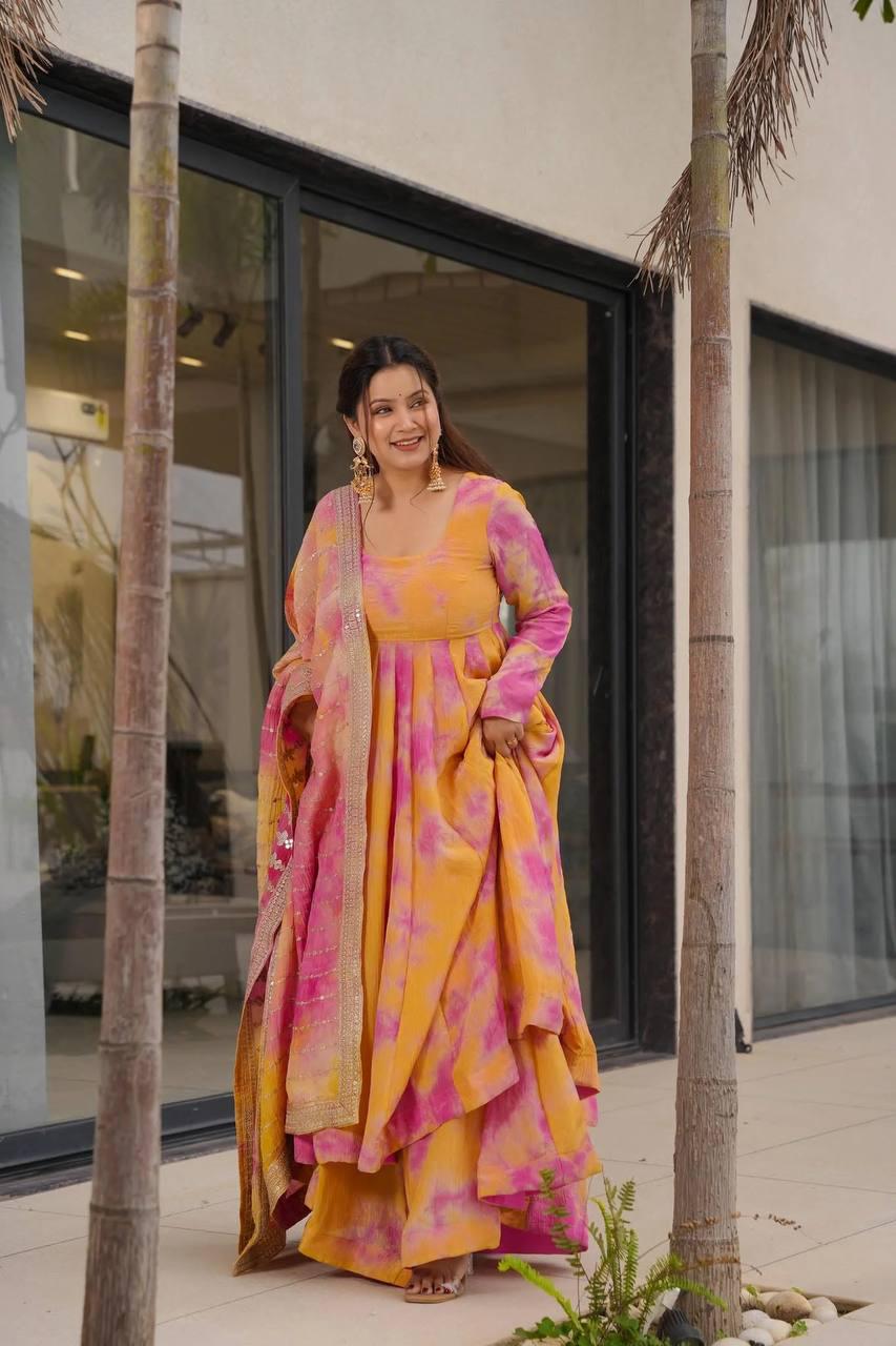 Yellow Elegant Vichitra Silk Set with Digital Print & Embroidery  Ready-to-Wear Top, Plazzo & Dupatta