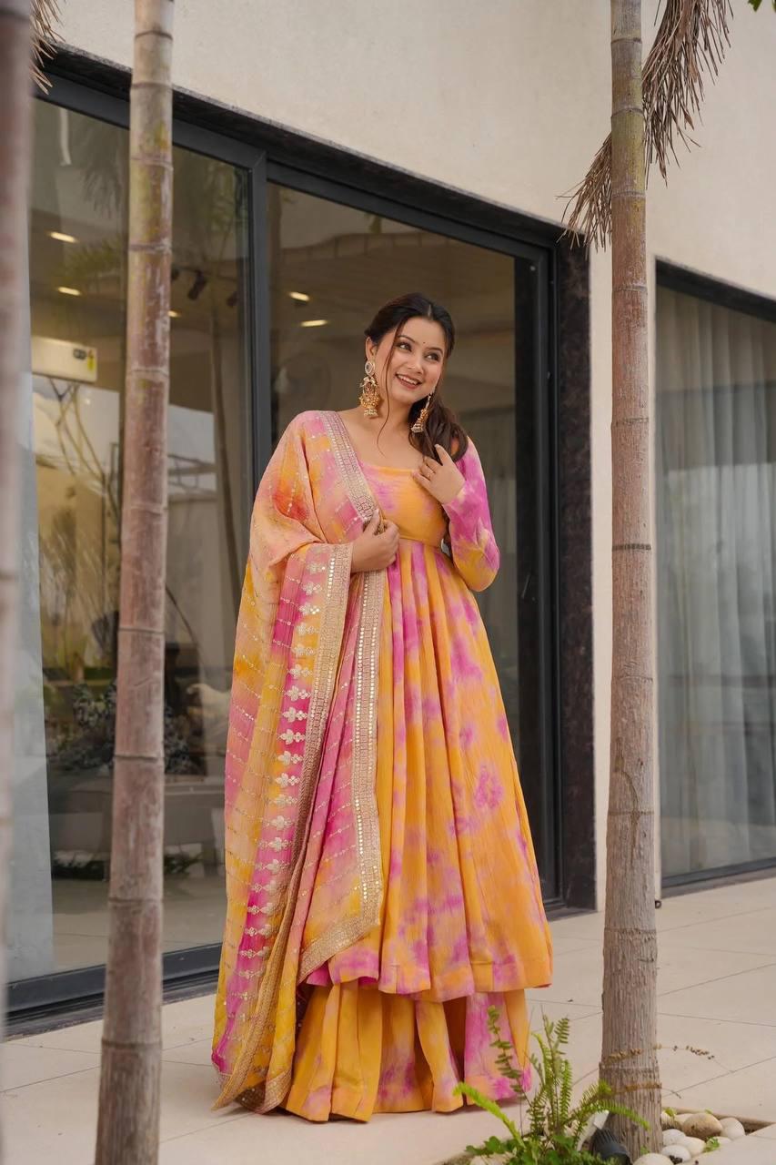 Yellow Elegant Vichitra Silk Set with Digital Print & Embroidery  Ready-to-Wear Top, Plazzo & Dupatta