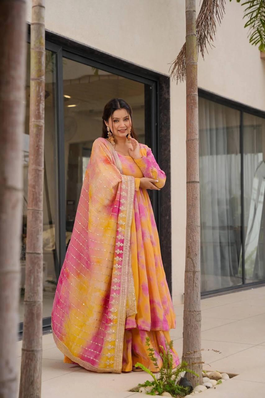 Yellow Elegant Vichitra Silk Set with Digital Print & Embroidery  Ready-to-Wear Top, Plazzo & Dupatta