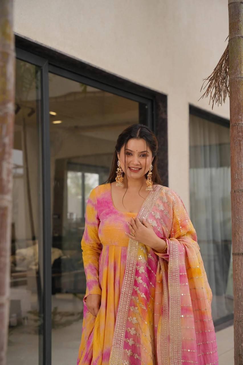 Yellow Elegant Vichitra Silk Set with Digital Print & Embroidery  Ready-to-Wear Top, Plazzo & Dupatta
