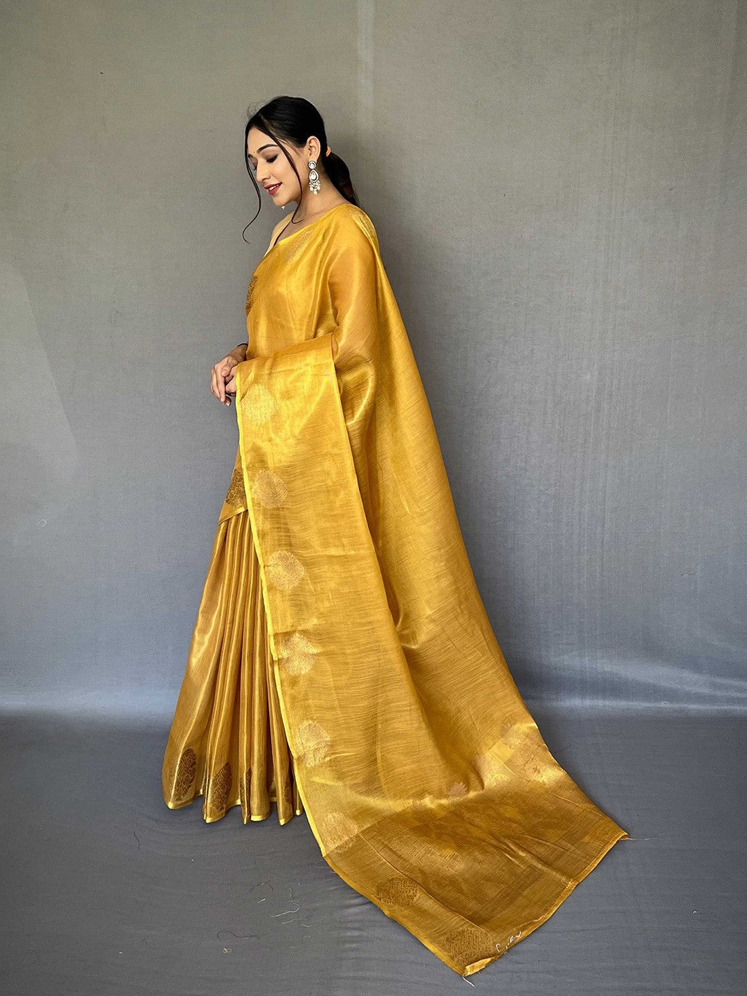 Yellow Elegant Woven Tissue Silk Saree with Gold Accents Party & Festive Wear