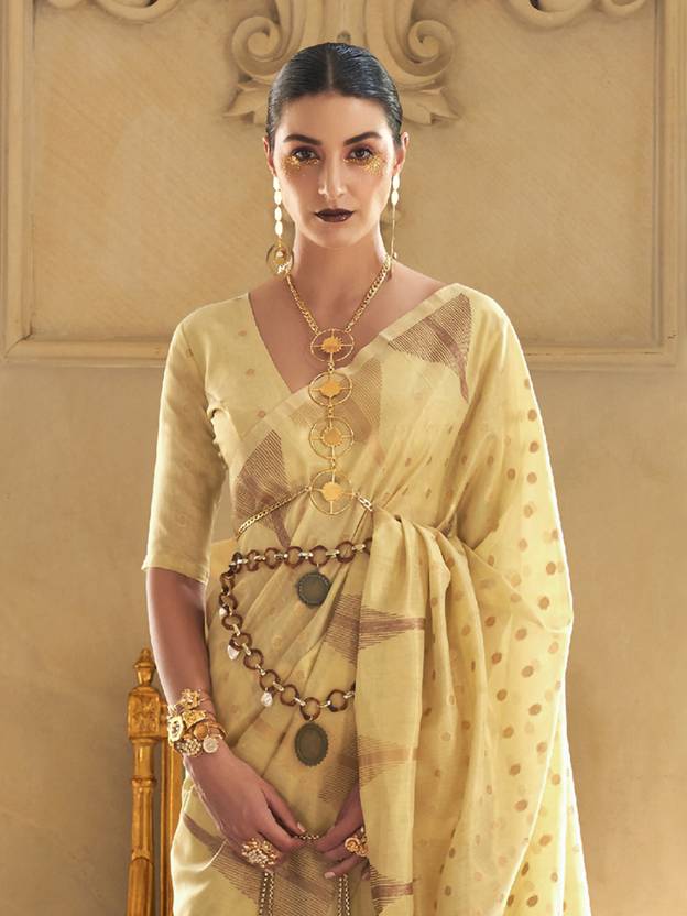 Yellow Embroidered Banarasi Tissue Saree with Tassels