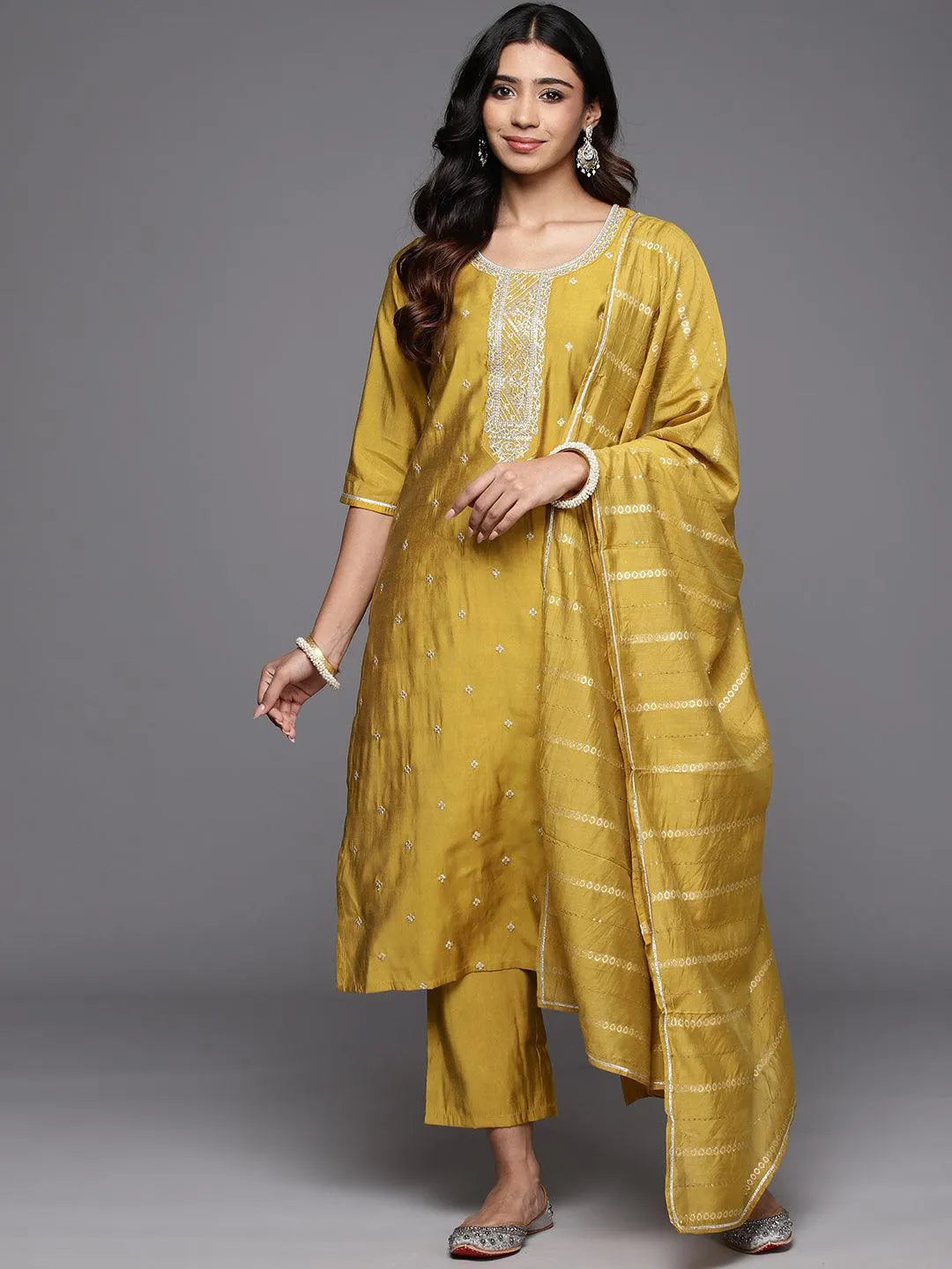 Anouk Yellow Embroidered Silk Blend Straight Suit With Dupatta