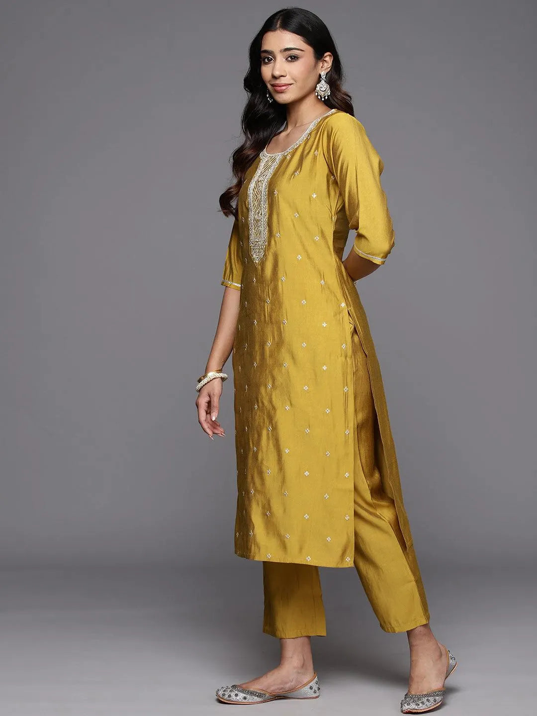 Anouk Yellow Embroidered Silk Blend Straight Suit With Dupatta
