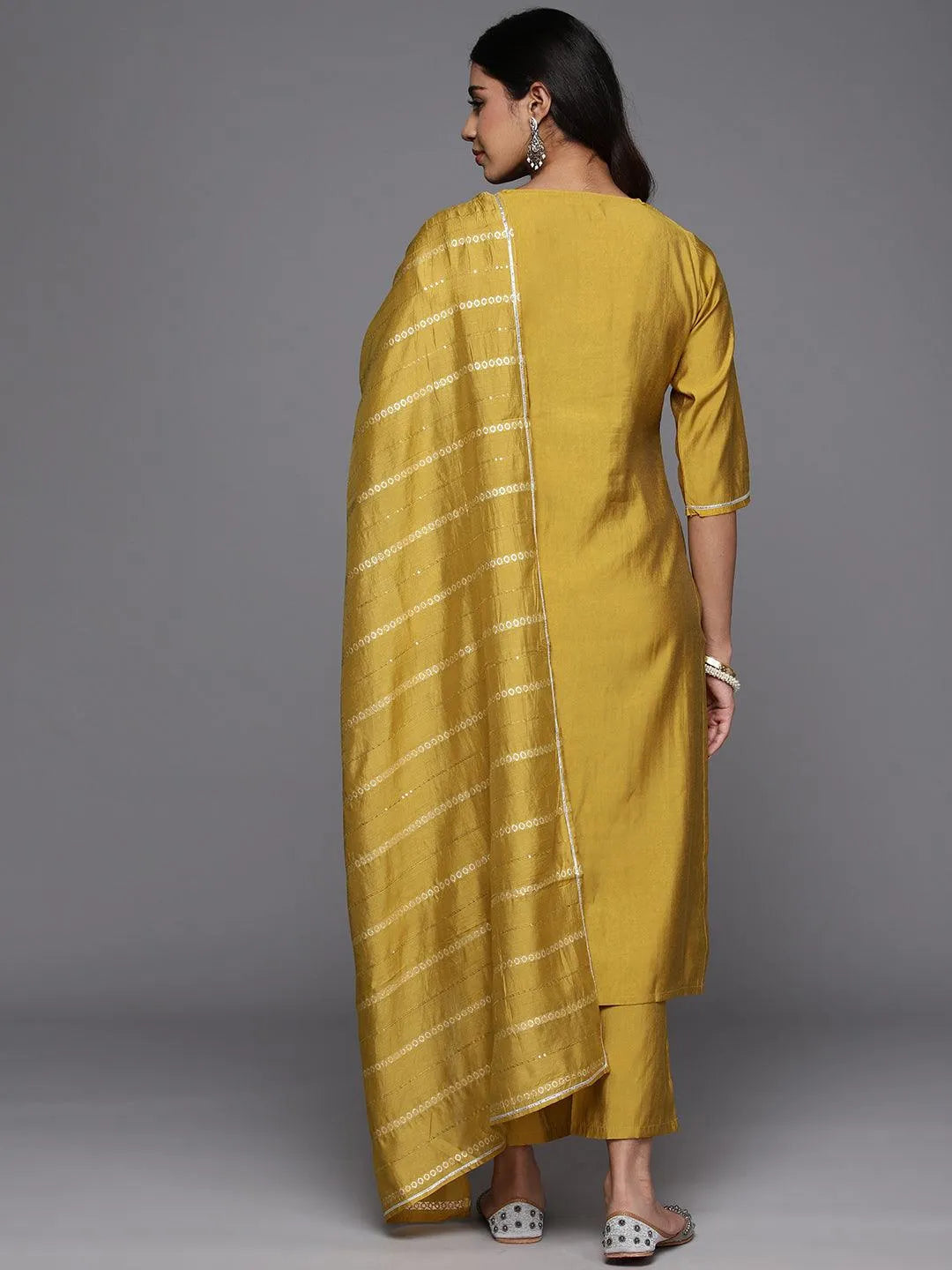 Anouk Yellow Embroidered Silk Blend Straight Suit With Dupatta