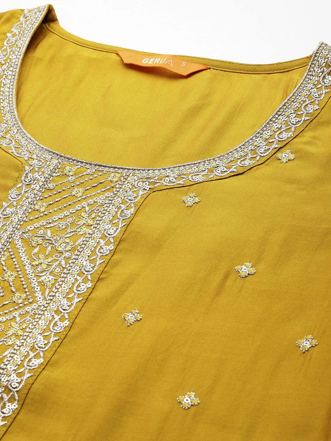 Anouk Yellow Embroidered Silk Blend Straight Suit With Dupatta