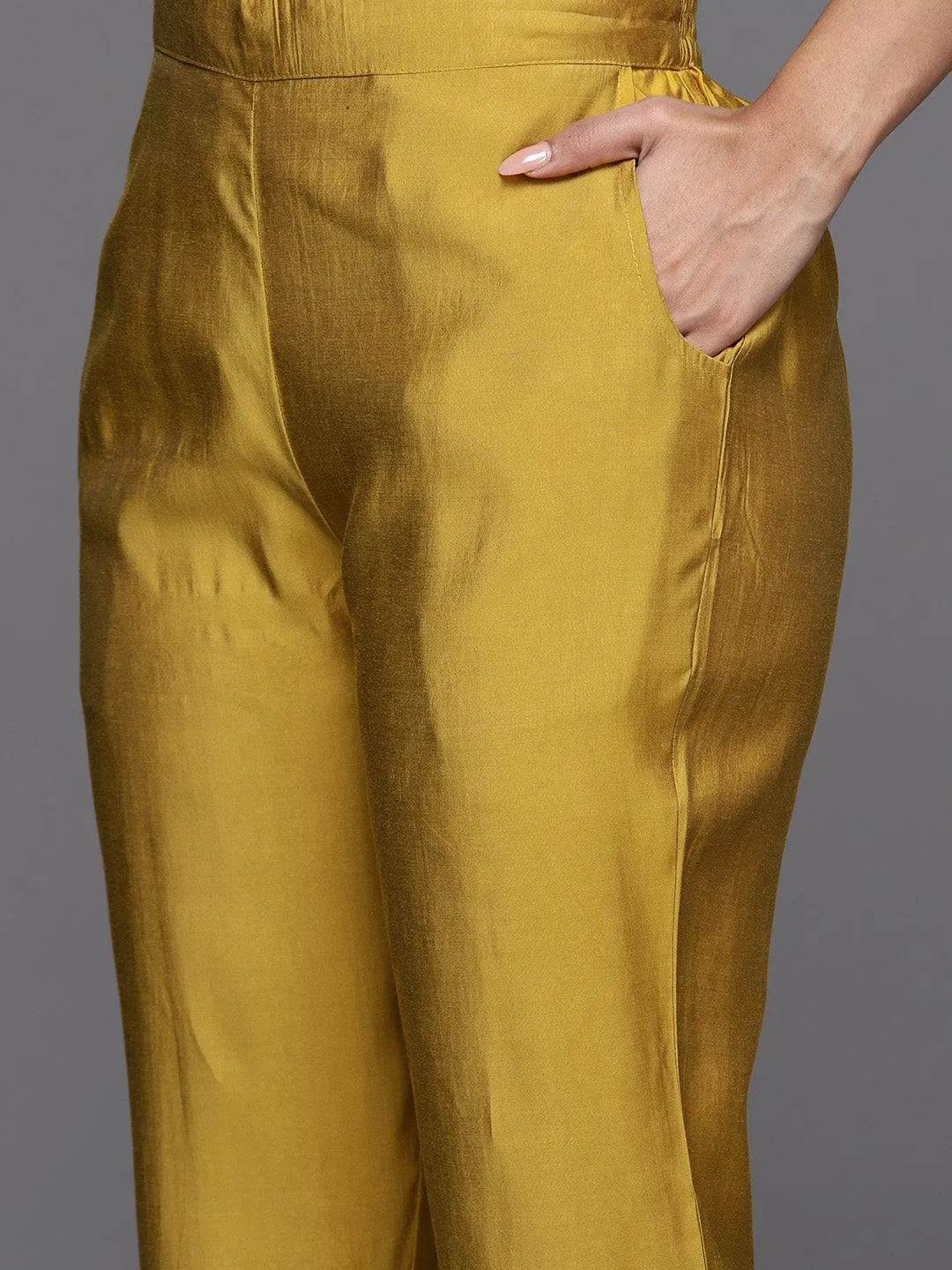 Anouk Yellow Embroidered Silk Blend Straight Suit With Dupatta