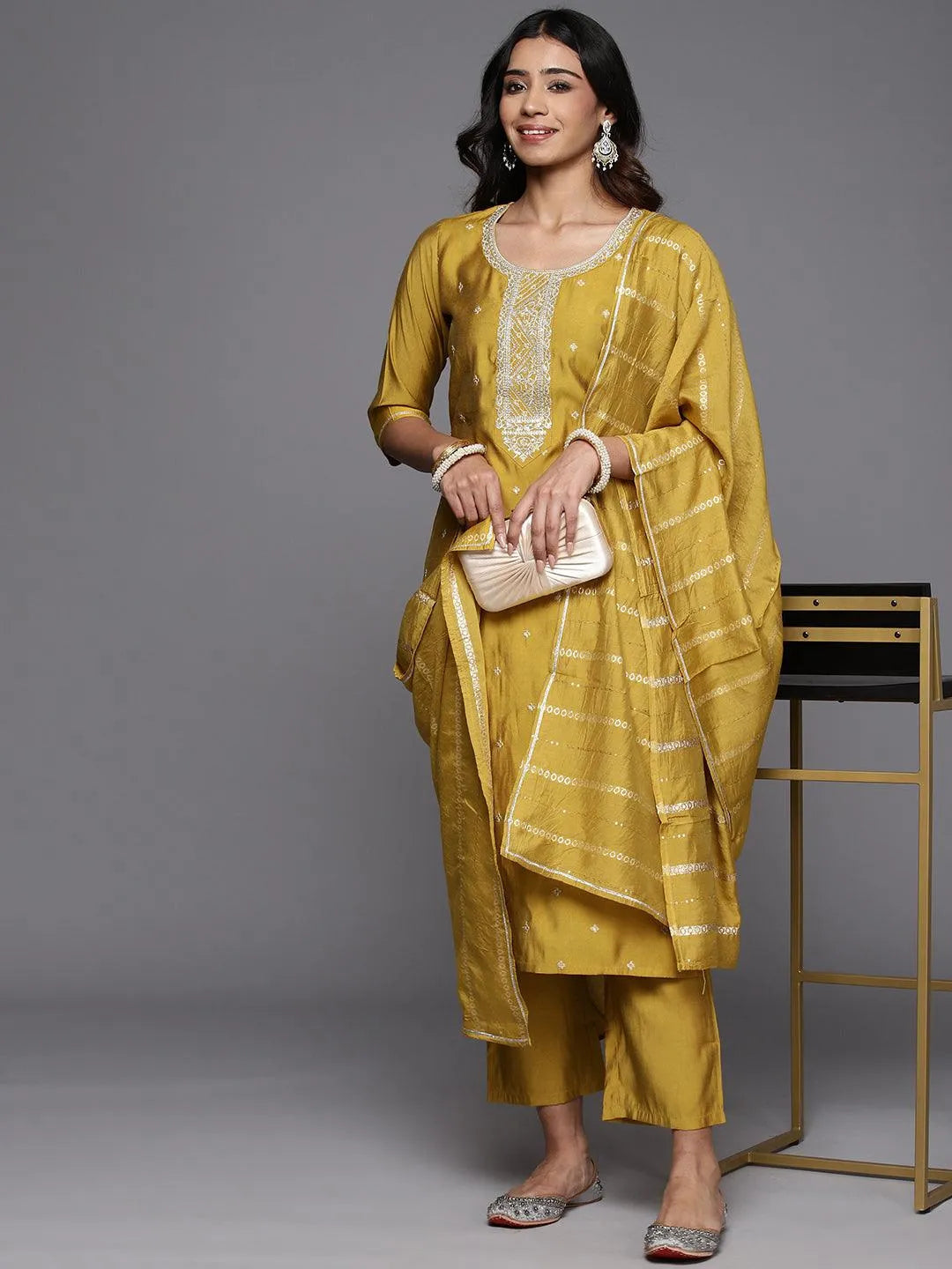 Anouk Yellow Embroidered Silk Blend Straight Suit With Dupatta