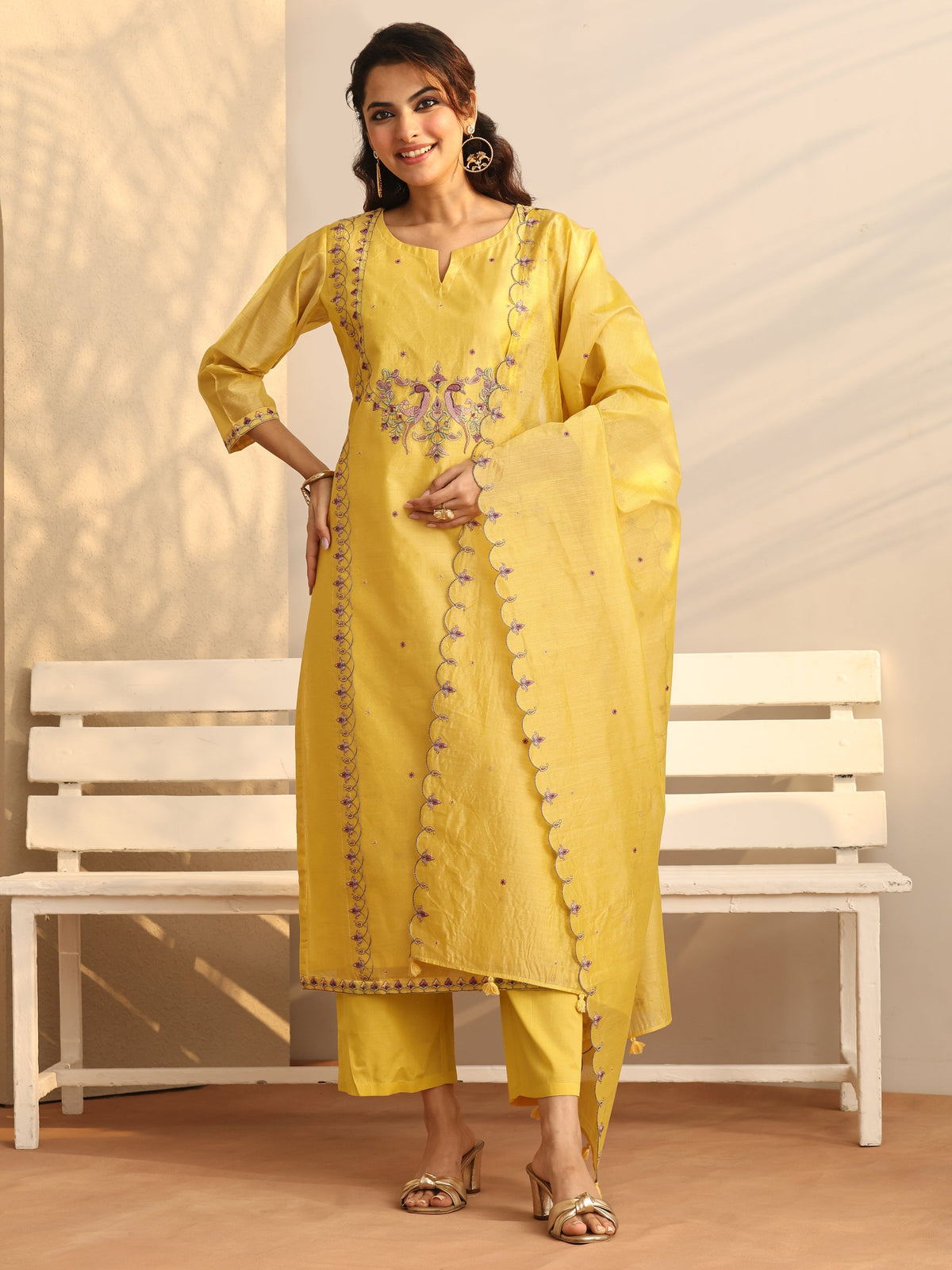Anouk Yellow Embroidered Silk Blend Straight Suit Set With Dupatta