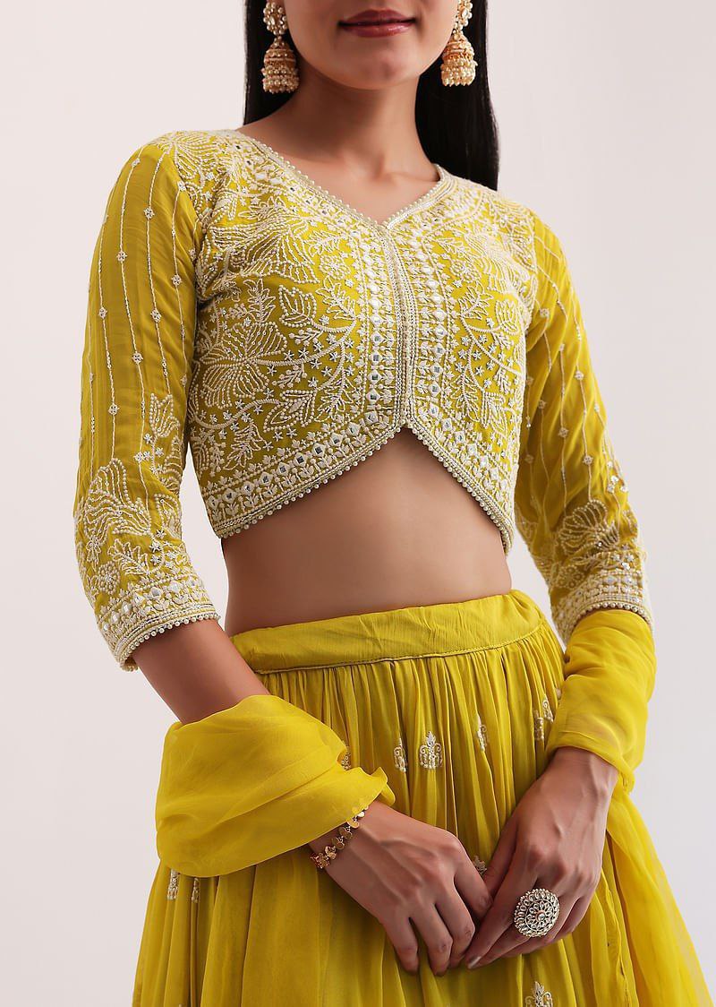 Yellow Faux Georgette Semi-Stitched Sequins Embroidered Lehenga with Can-Can, Unstitched Sequins–Embroidery Blouse & Plain Georgette Dupatta