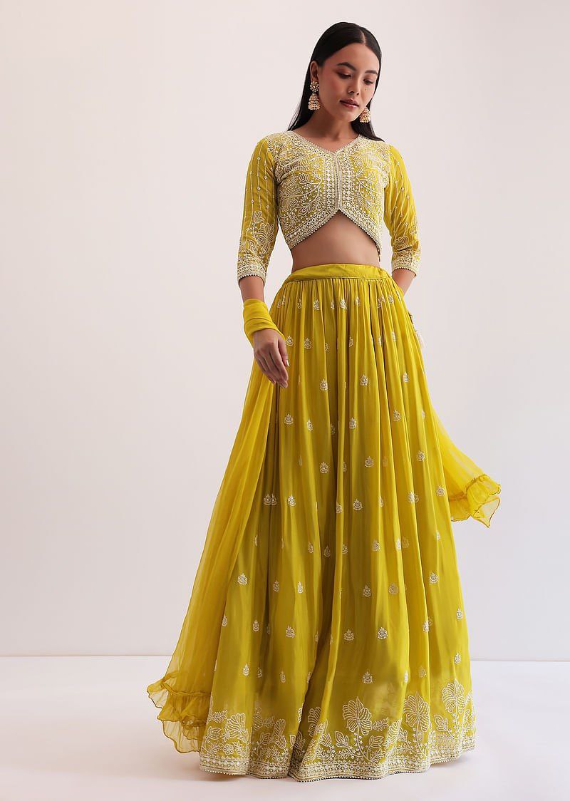 Yellow Faux Georgette Semi-Stitched Sequins Embroidered Lehenga with Can-Can, Unstitched Sequins–Embroidery Blouse & Plain Georgette Dupatta
