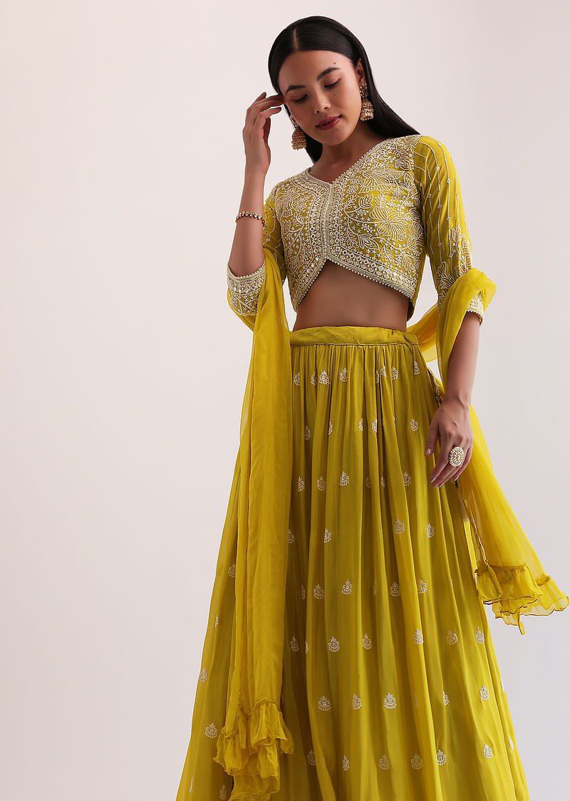 Yellow Faux Georgette Semi-Stitched Sequins Embroidered Lehenga with Can-Can, Unstitched Sequins–Embroidery Blouse & Plain Georgette Dupatta