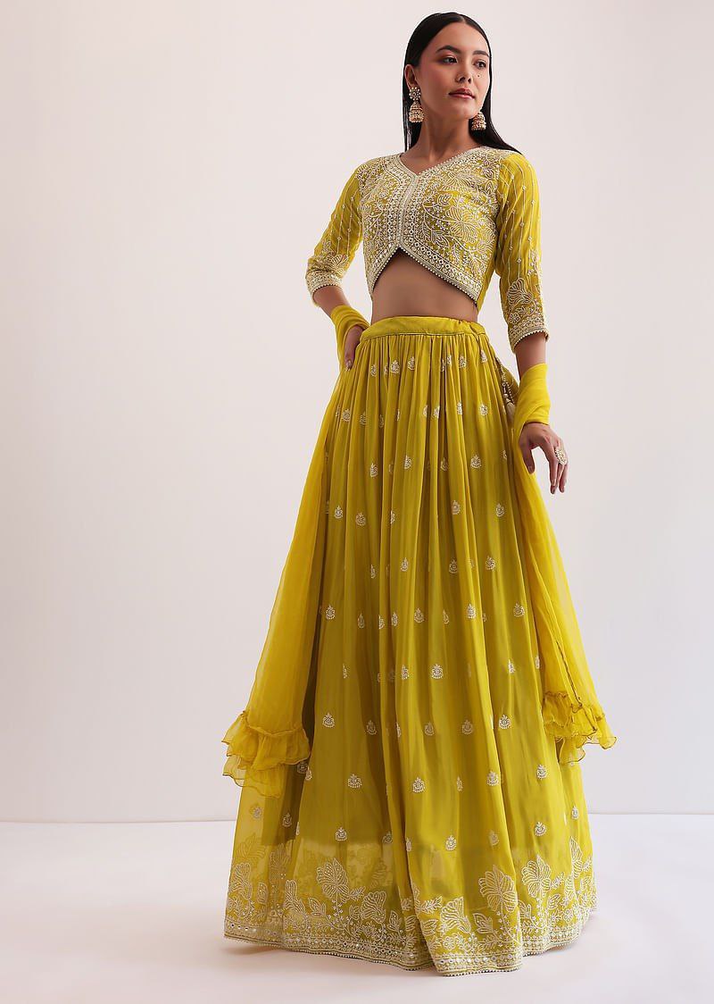 Yellow Faux Georgette Semi-Stitched Sequins Embroidered Lehenga with Can-Can, Unstitched Sequins–Embroidery Blouse & Plain Georgette Dupatta