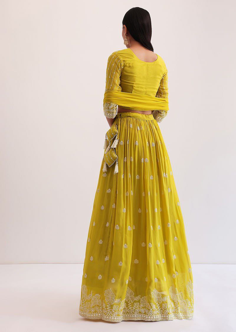 Yellow Faux Georgette Semi-Stitched Sequins Embroidered Lehenga with Can-Can, Unstitched Sequins–Embroidery Blouse & Plain Georgette Dupatta