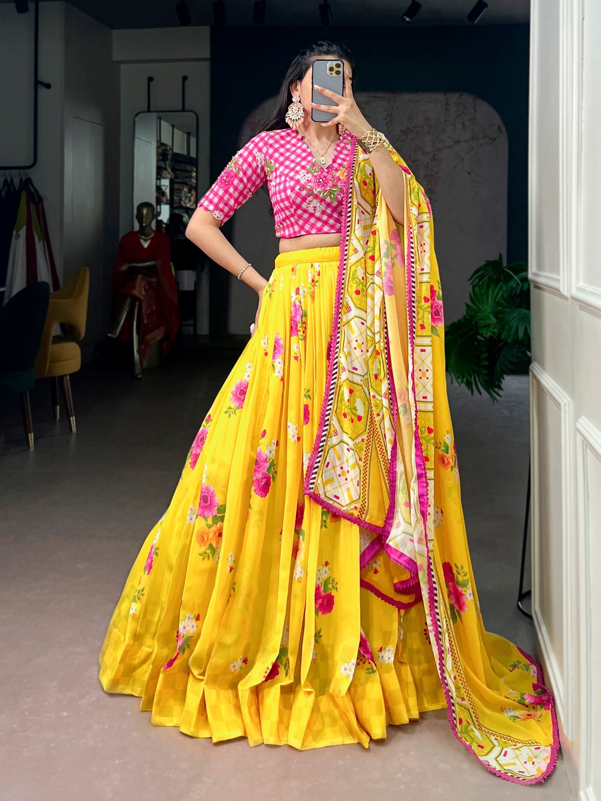 Yellow Floral Georgette Lehenga Choli