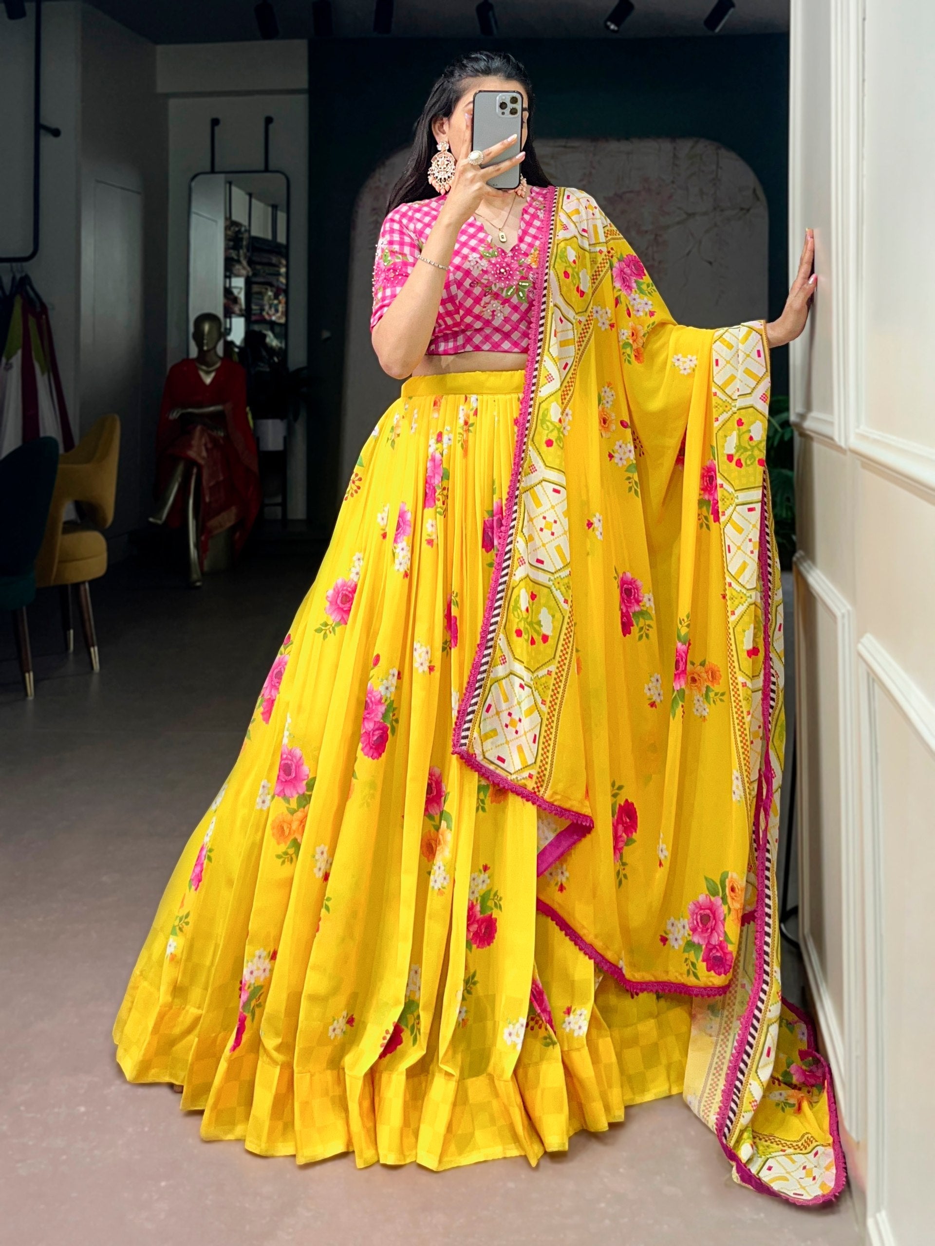 Yellow Floral Georgette Lehenga Choli