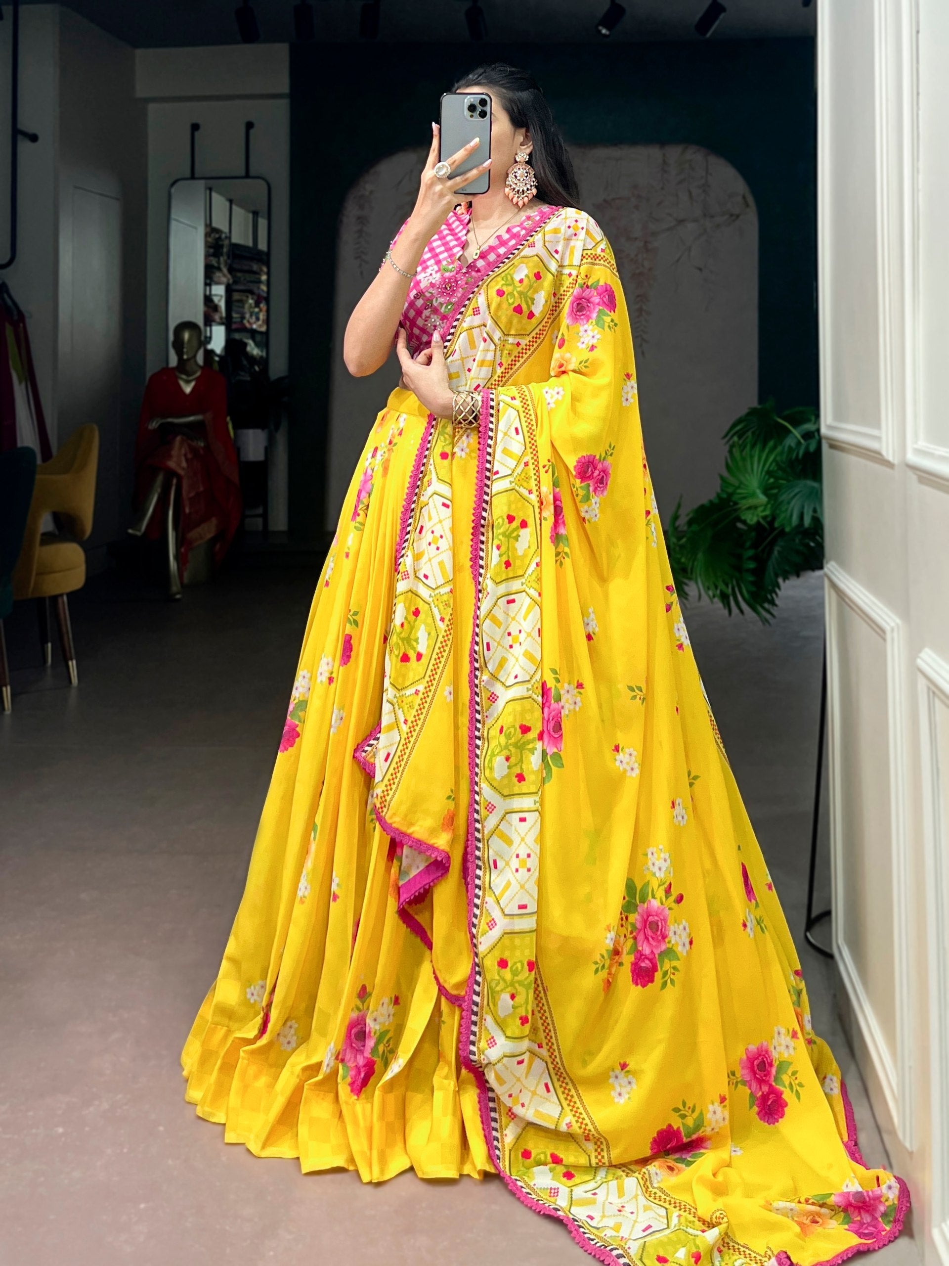 Yellow Floral Georgette Lehenga Choli