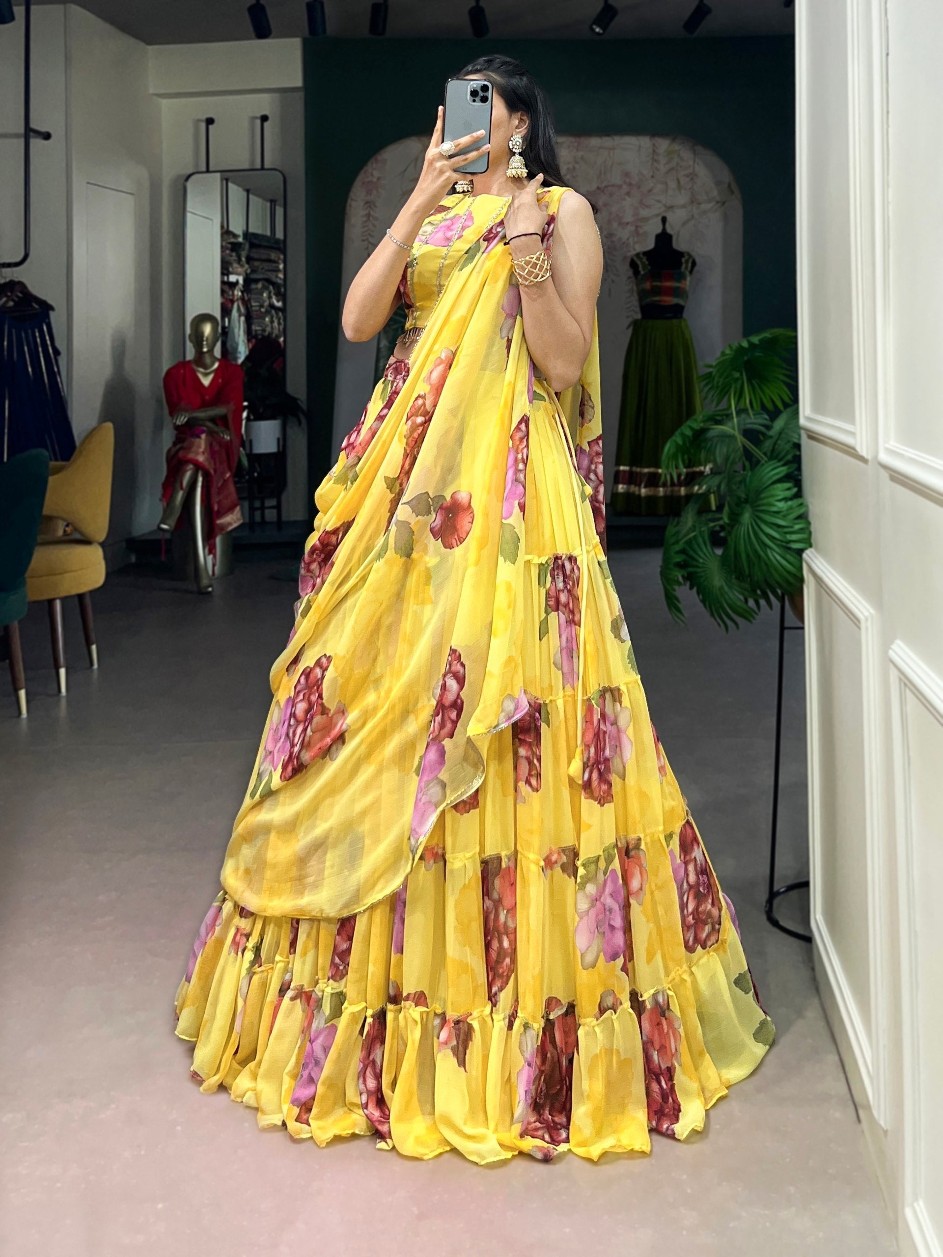 Yellow Floral Print Lehenga Set